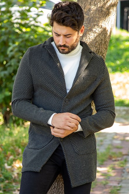 Uzun kaşe haki çizgisel desenli koyu gri ceket