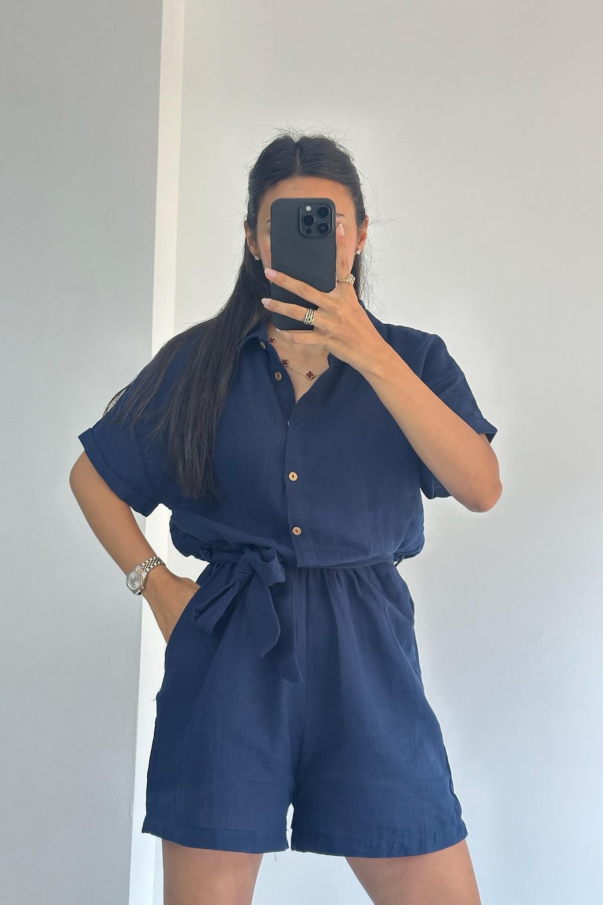 Beli Lastikli Önü Düğmeli Lacivert Kuşaklı Uzun Tulum