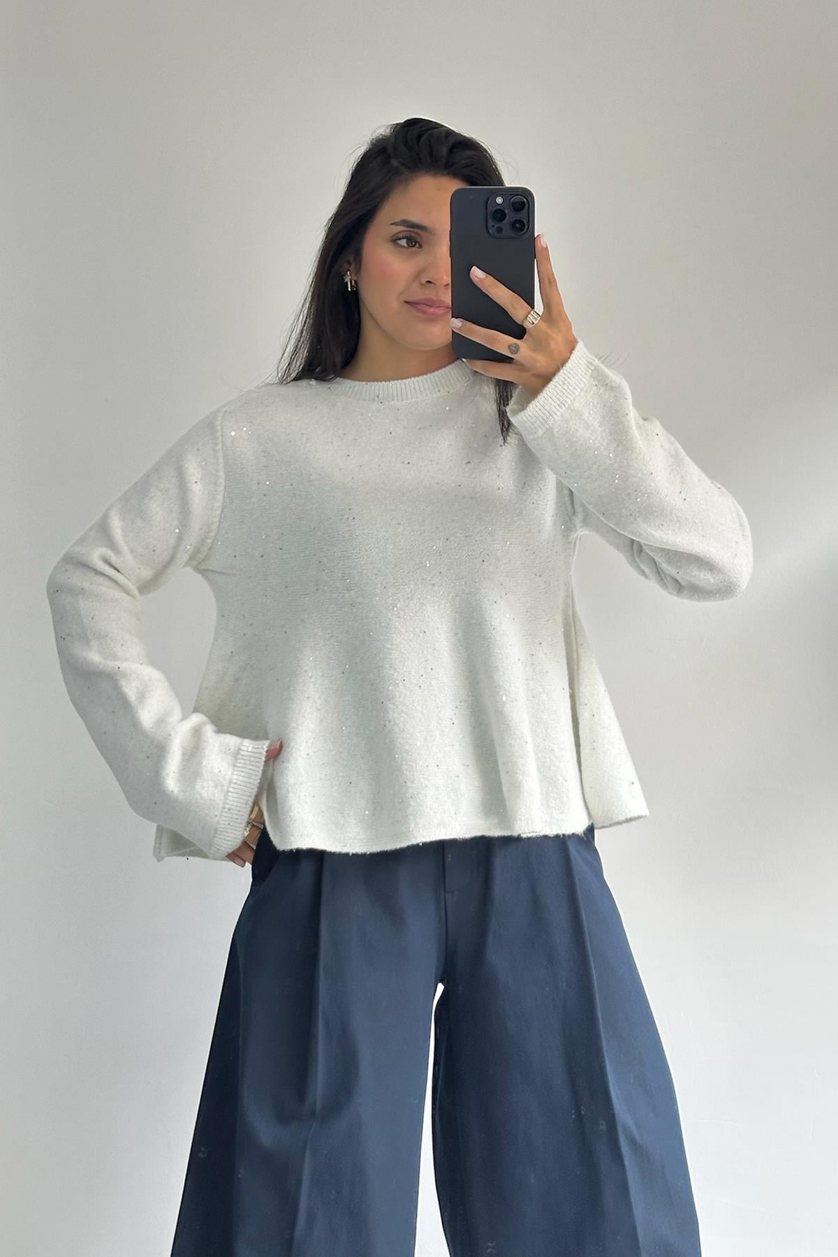  Peplum Pullu Simli Ekru Triko Kazak