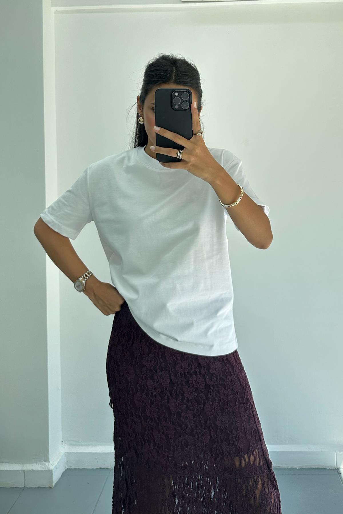 Kalın Yaka Basic Beyaz Tshirt