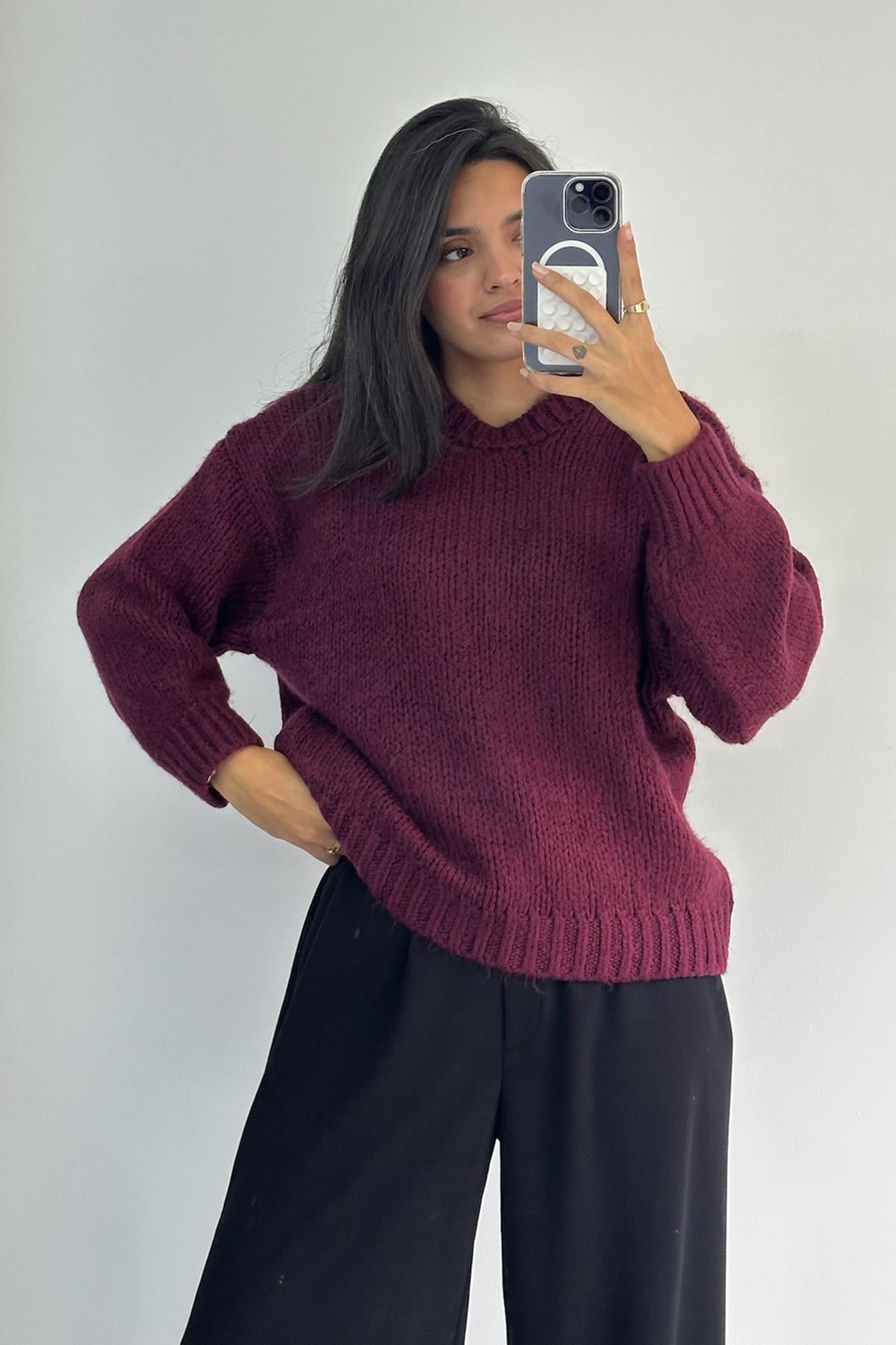 Uzun Kollu Oversize Bordo Kazak