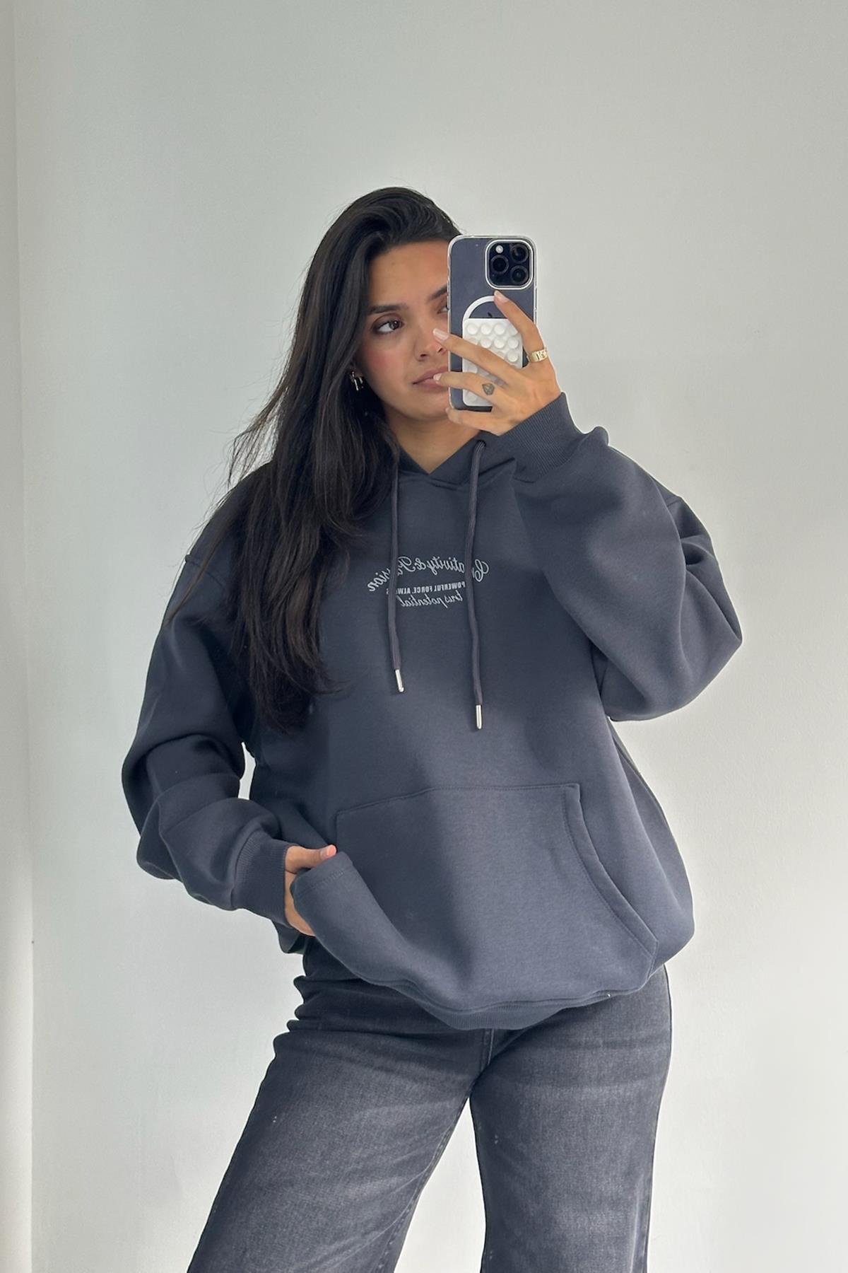 Yazı Baskılı Şardonlu Antrasit Sweatshirt