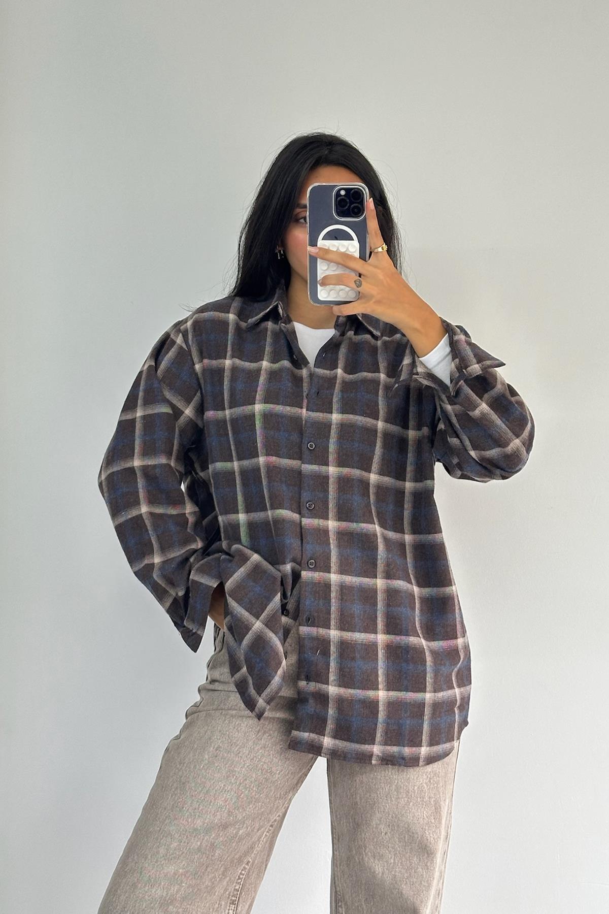 Kahve Bej Çizgili Gömlek 