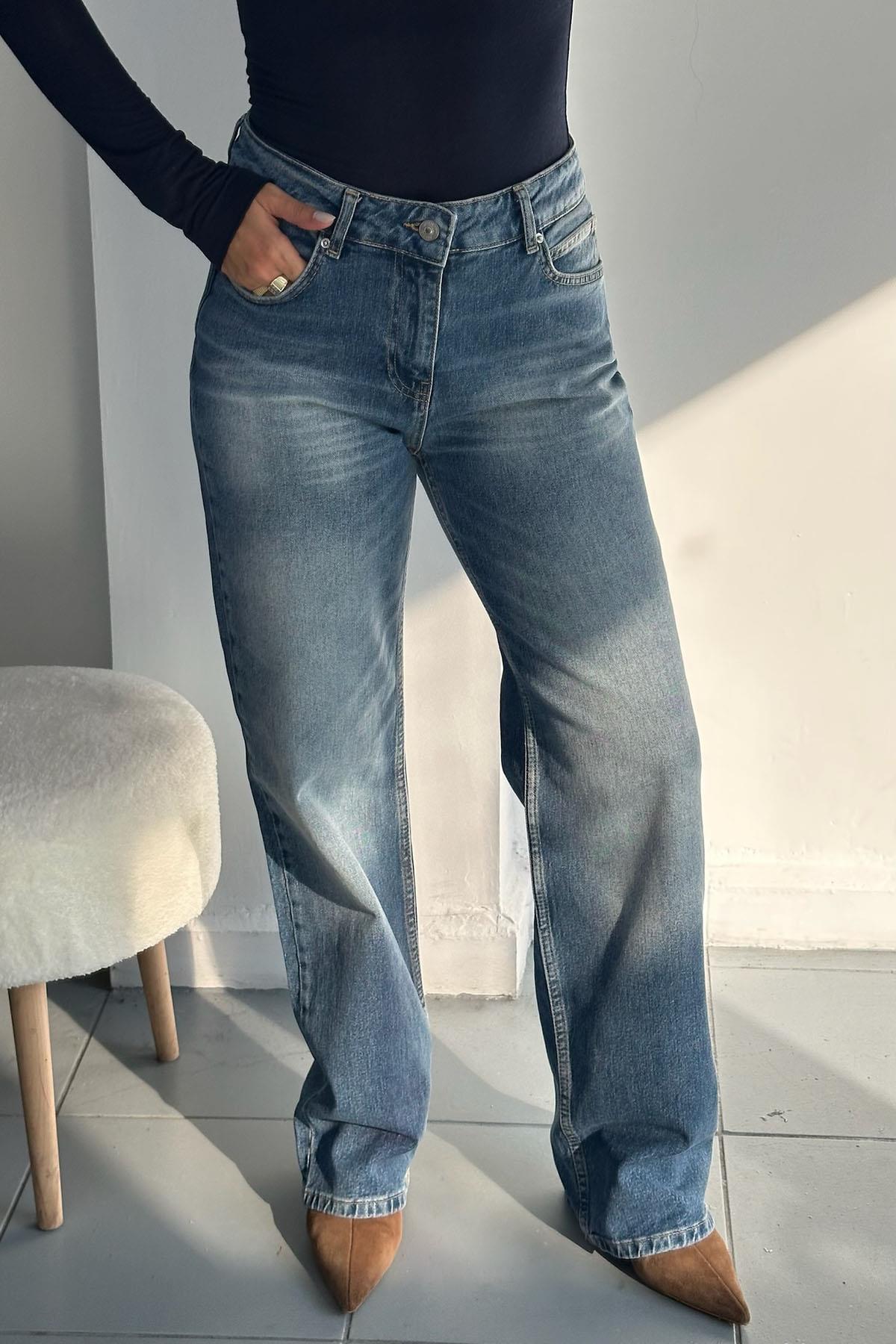 Likralı Mavi Relax Jean