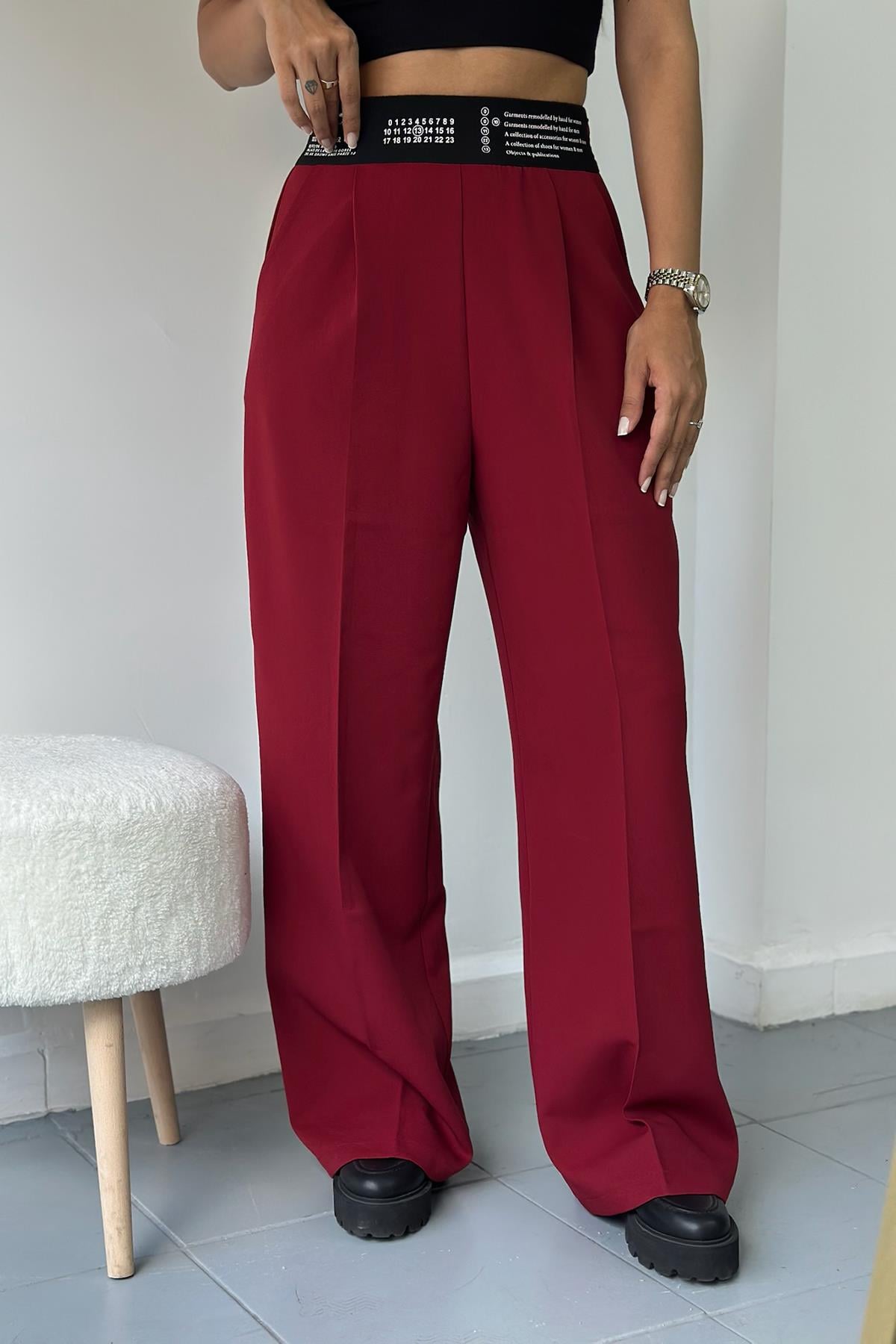 Beli Lastik Detaylı Bordo Palazzo Pantolon