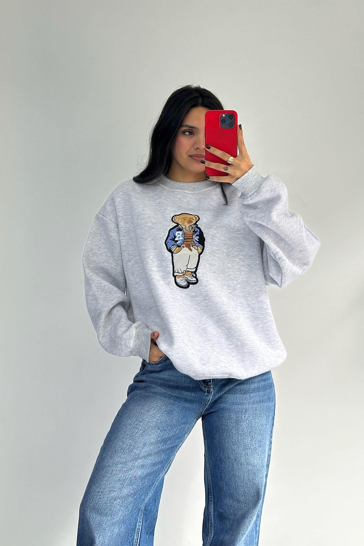 Ayıcıklı Nakışlı Gri Sweatshirt