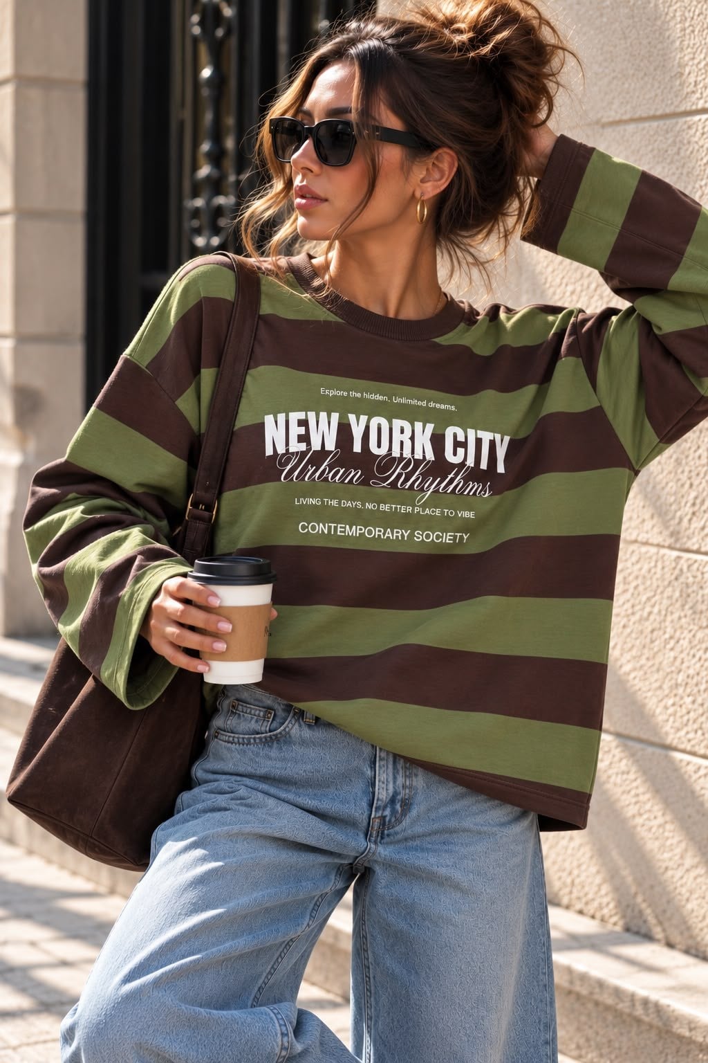 Yeşil-Kahverengi Çizgili Yazı Baskılı Sweatshirt