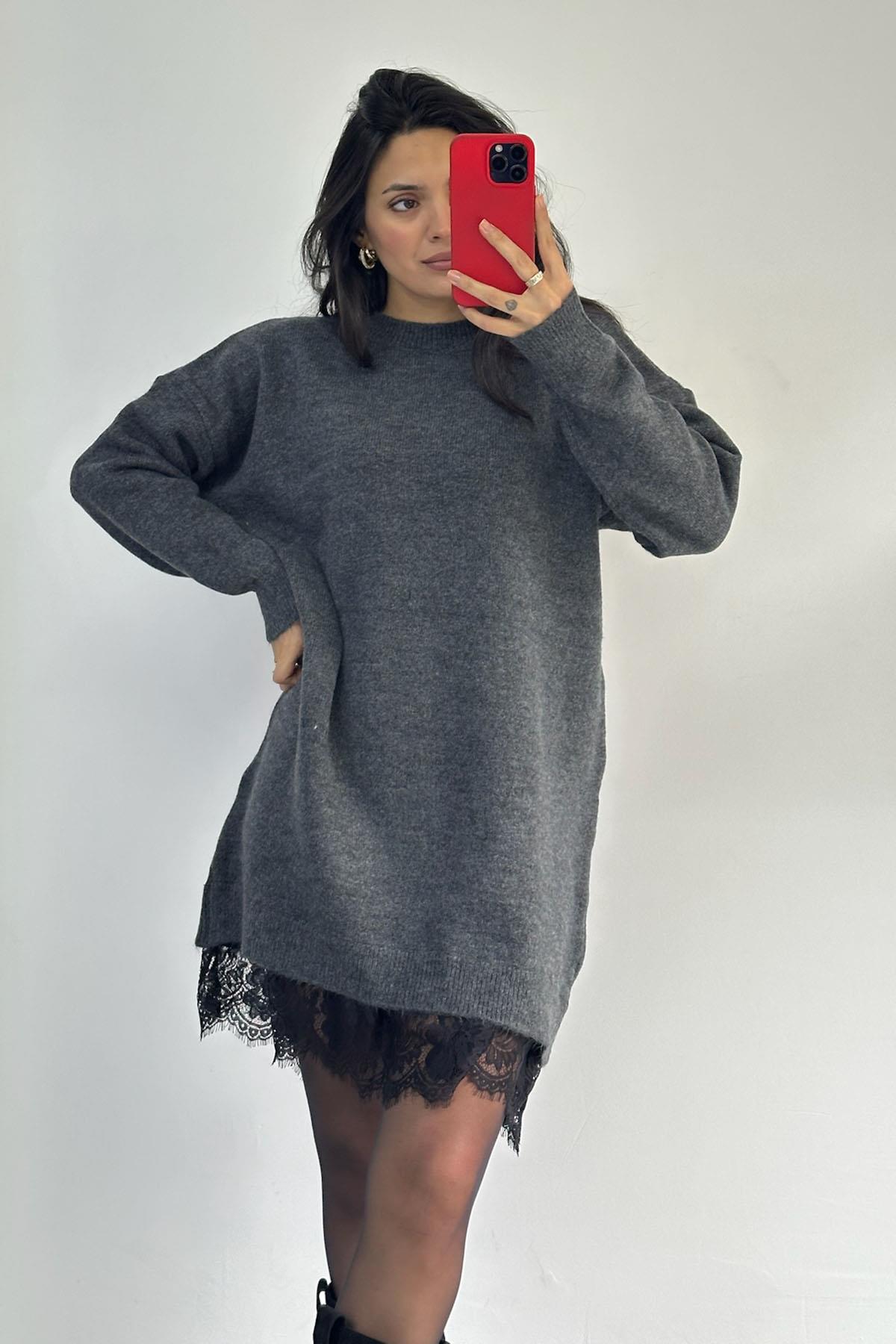 Etek Ucu Dantelli Antrasit Triko Elbise