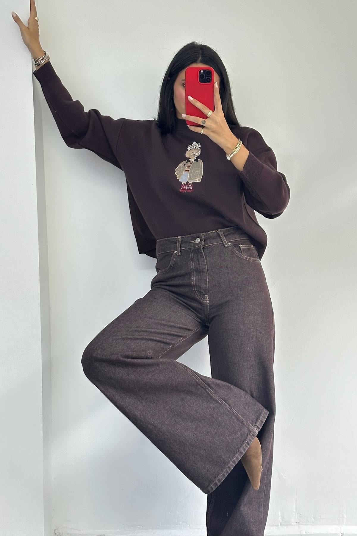 Geniş Kalıp Kahve Denim Pantolon