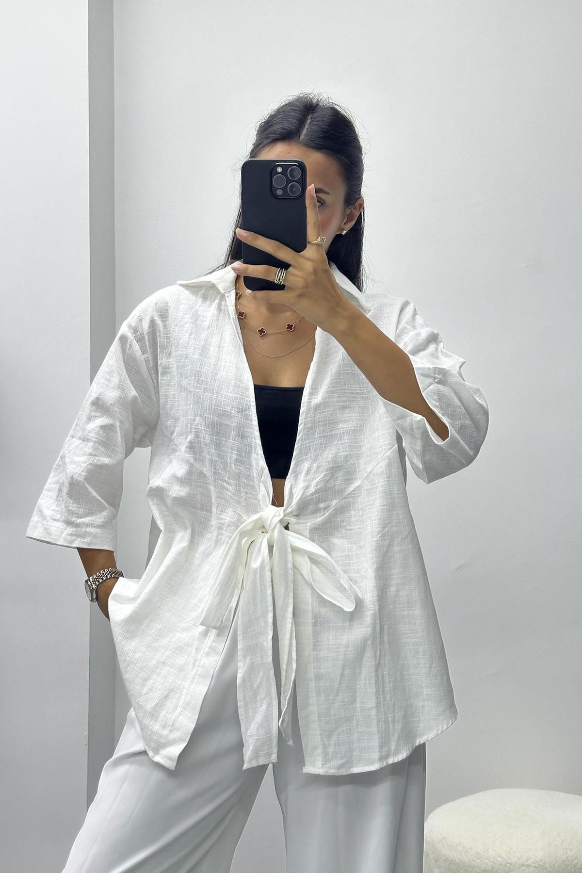 Önü Bağlamalı Kısa Kol Beyaz Keten Kimono