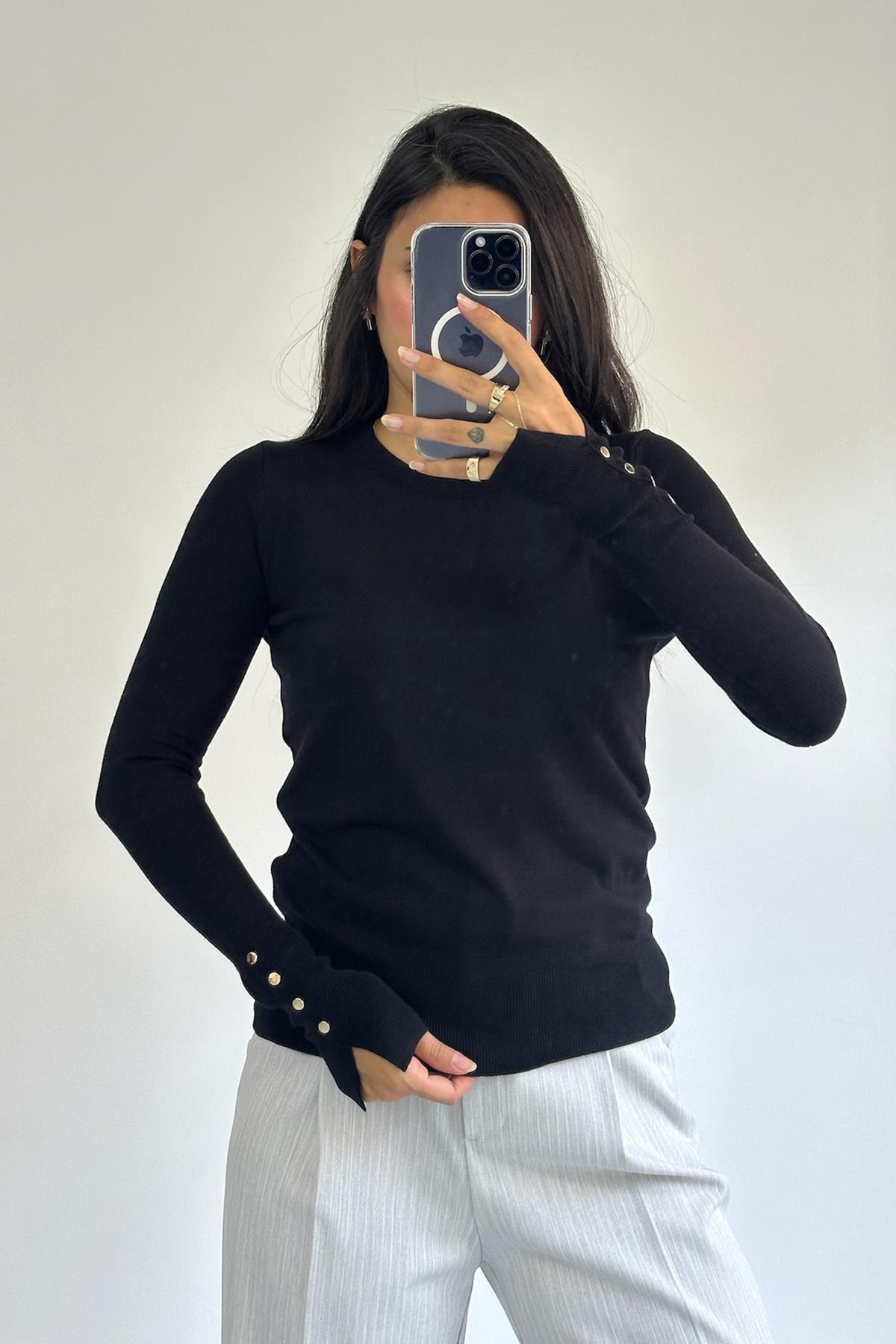 Bisiklet Yaka Kol Ortası Droplu Siyah Kazak