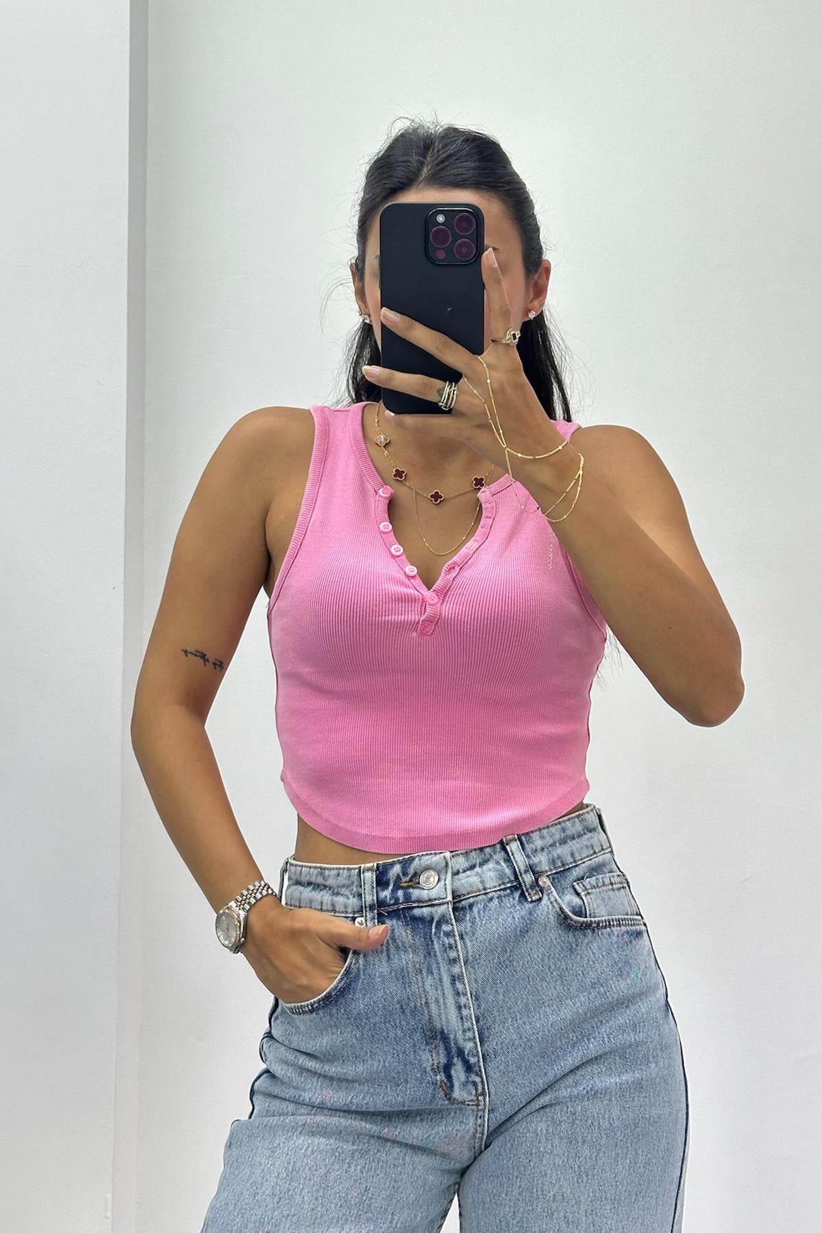 Yıkama Efektli Koyu Pembe Crop Top