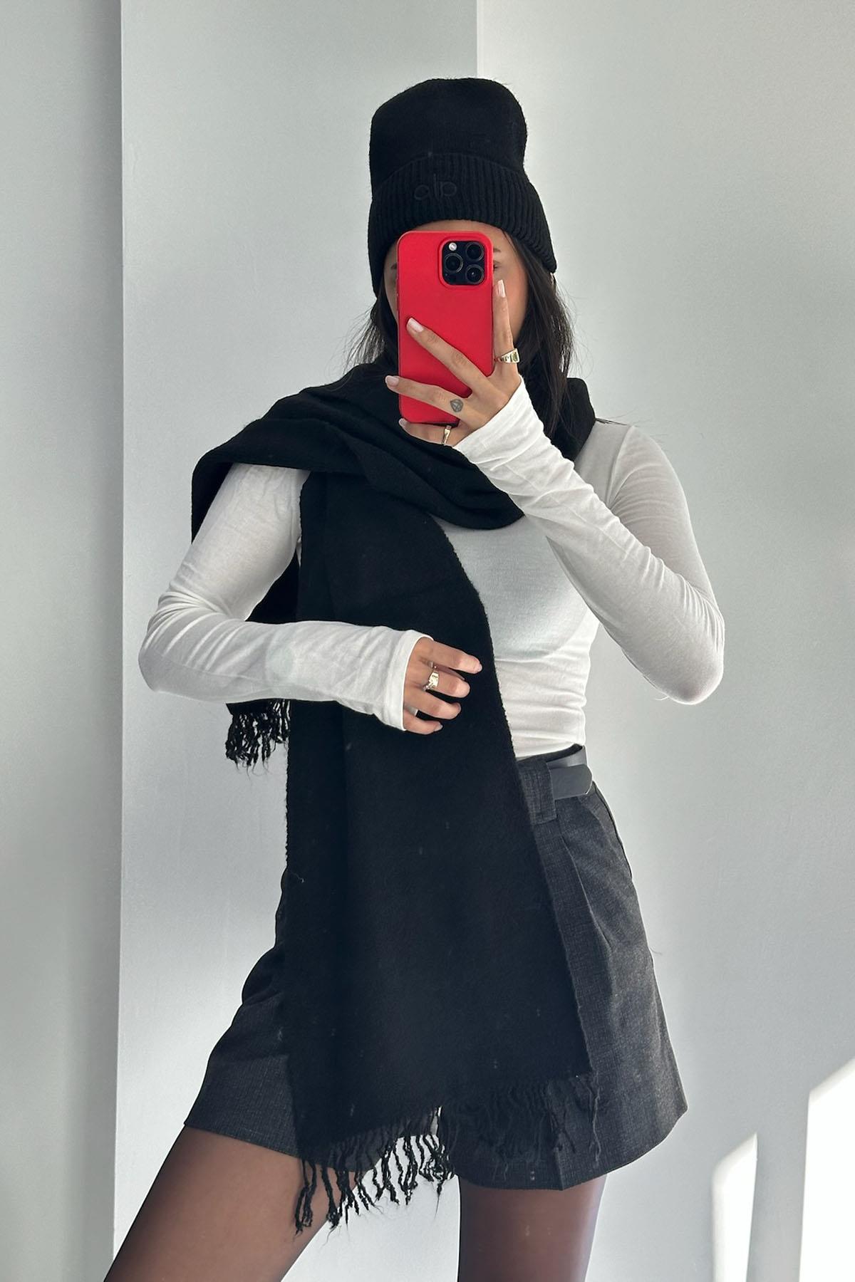 Logo Detaylı Siyah Atkı-Bere