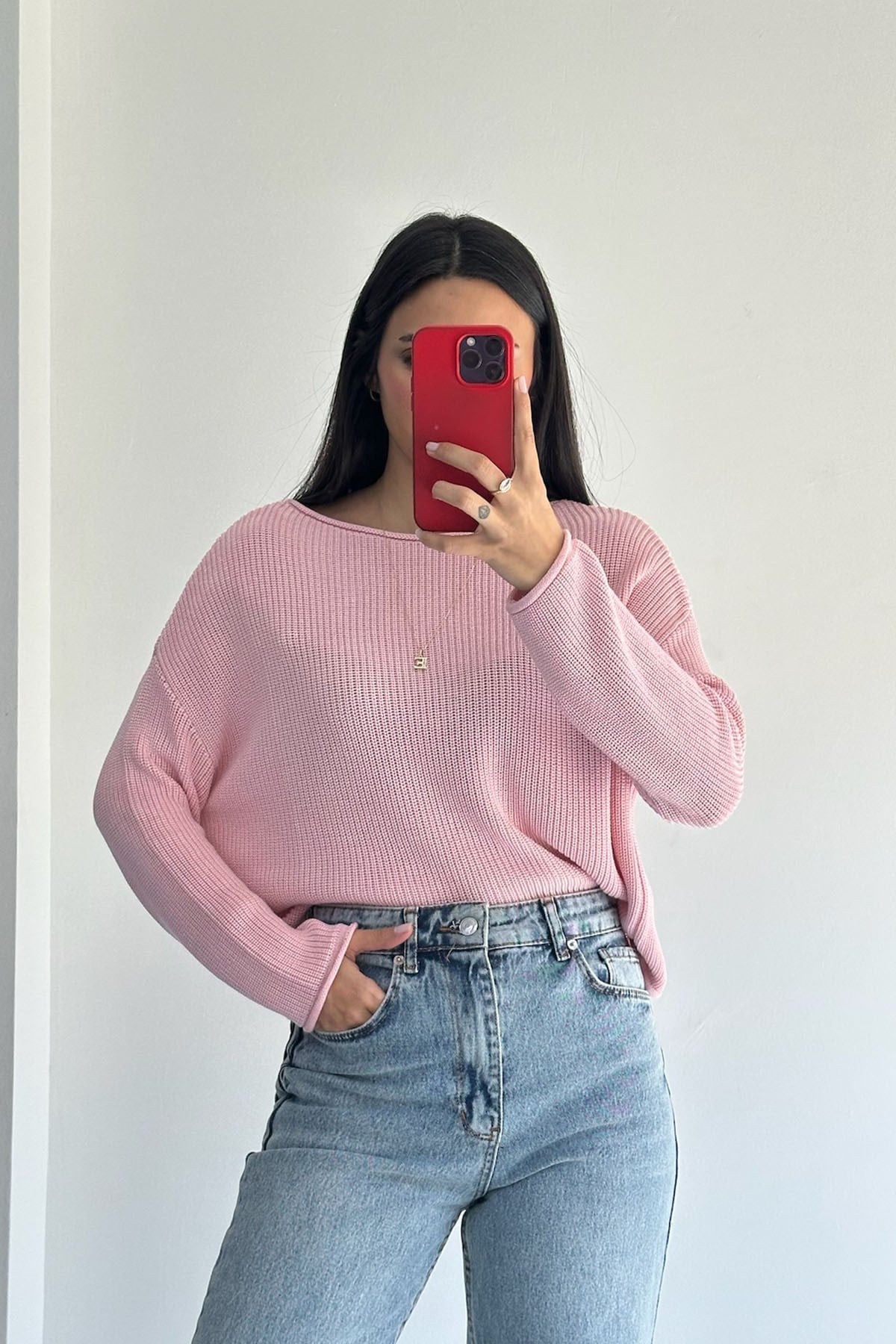 Kayık Yaka Dökümlü Triko Toz Pembe Kazak