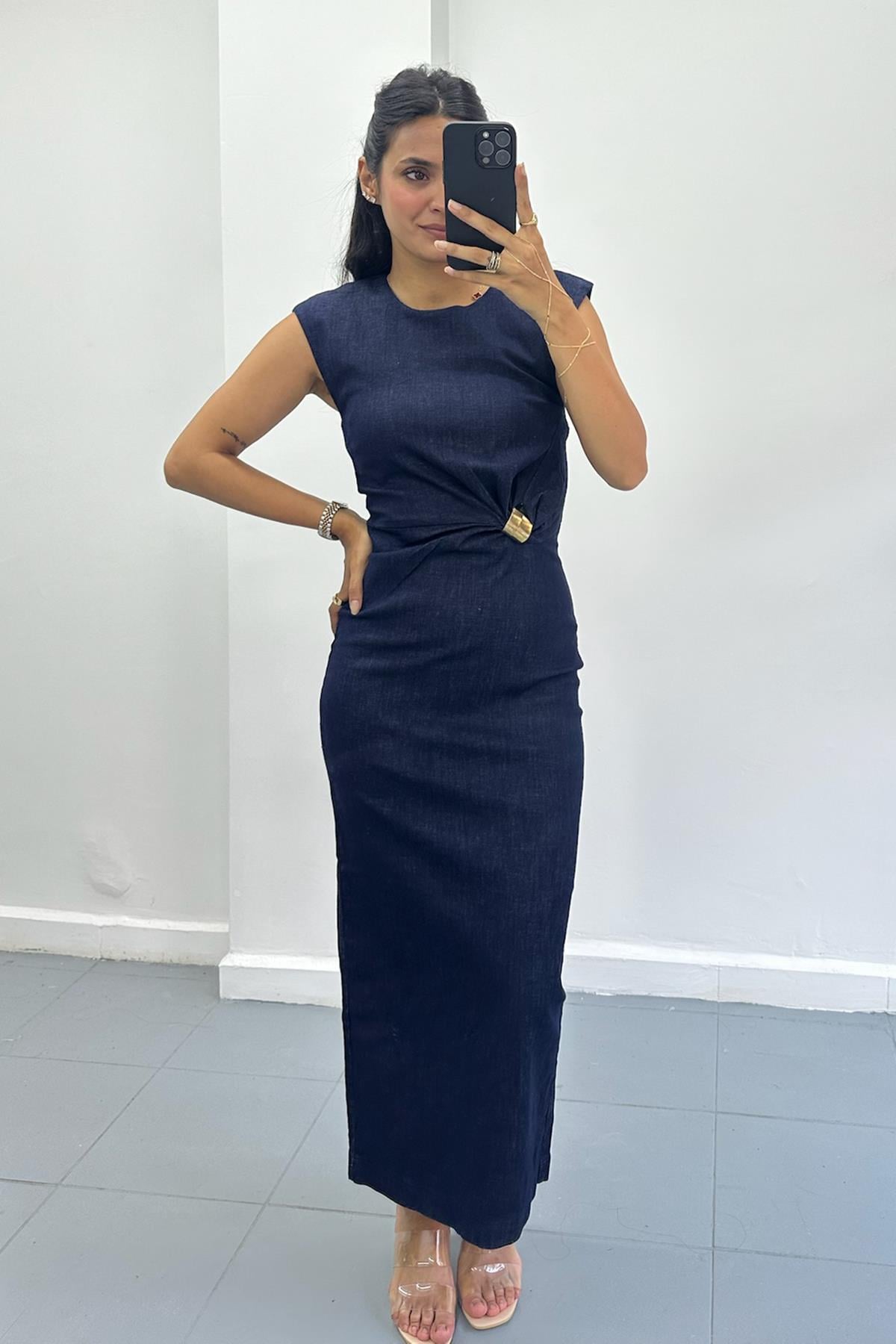 Toka Detaylı Denim Elbise