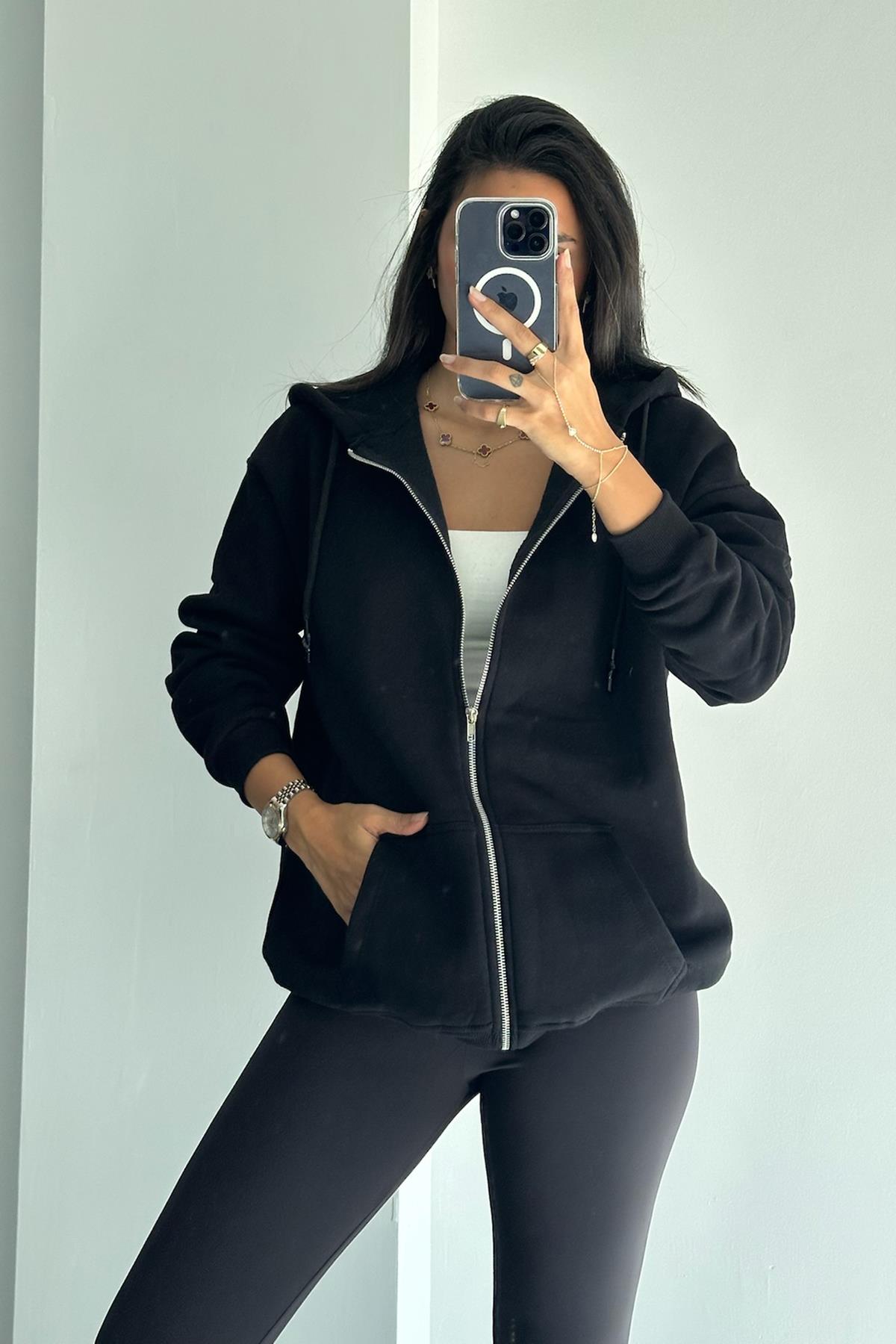 Oversize Fermuarlı Siyah Sweatshirt 