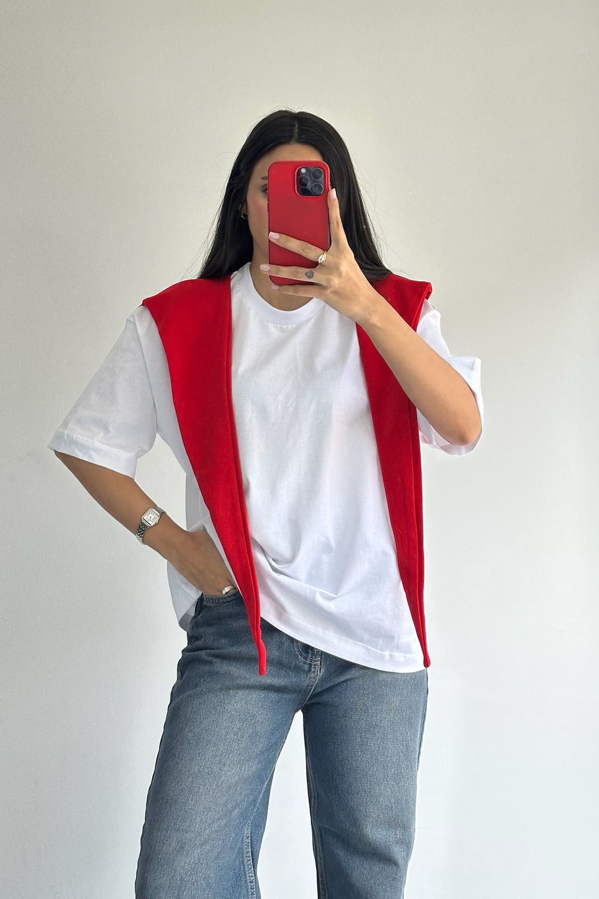 Kendinden Bağlamalı Beyaz Kırmızı Tshirt