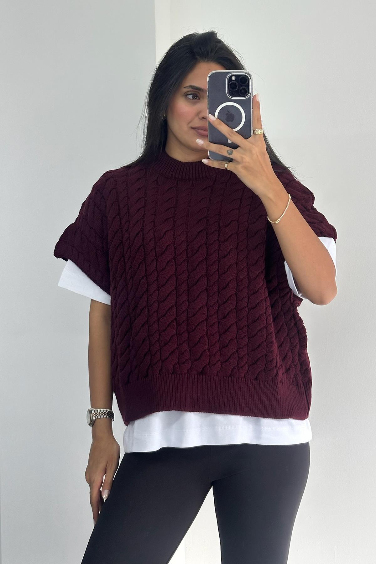 Saç Örgü Bordo Süveter