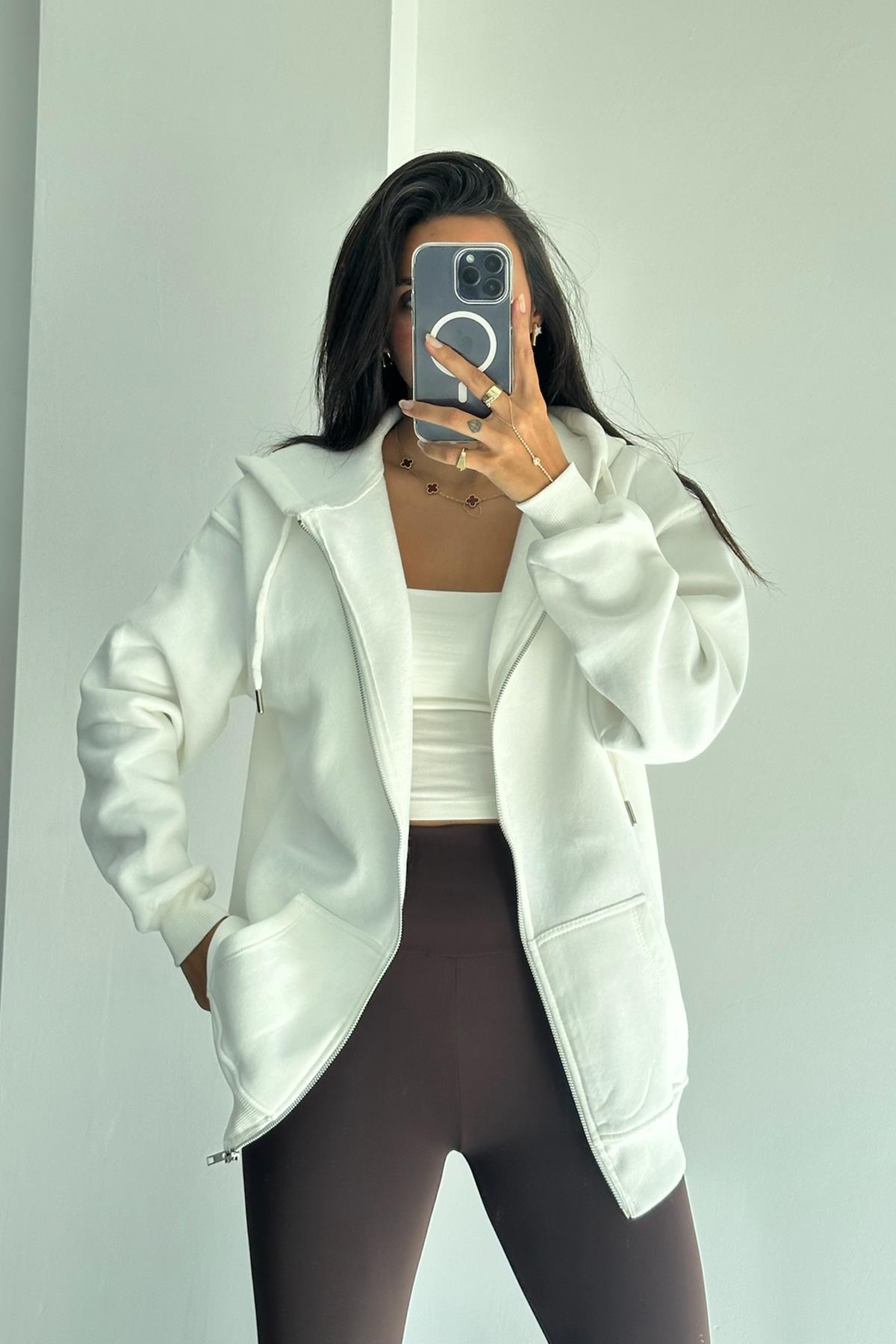 Oversize Fermuarlı Beyaz Sweatshirt 