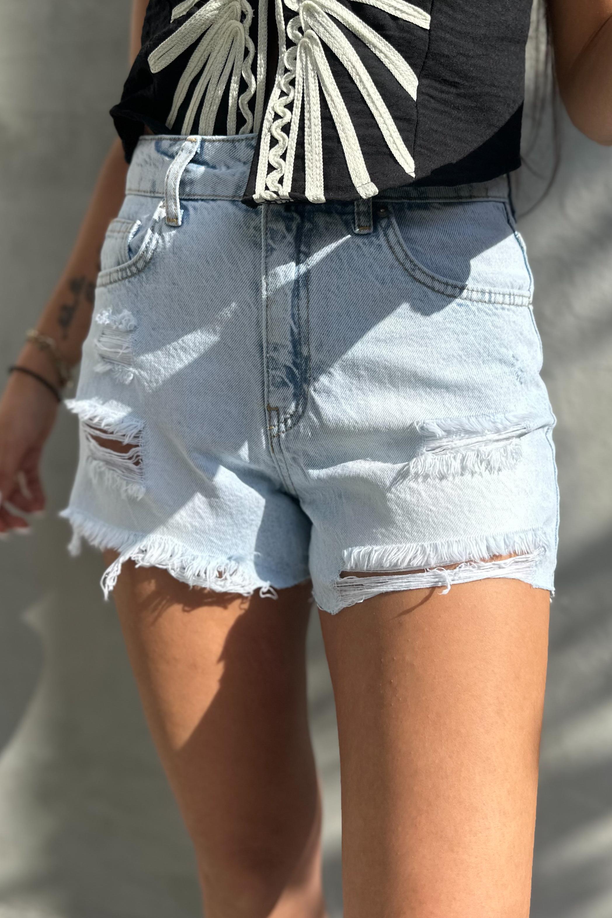 Buz Mavisi Lazerli Denim ŞortŞORTLAR
