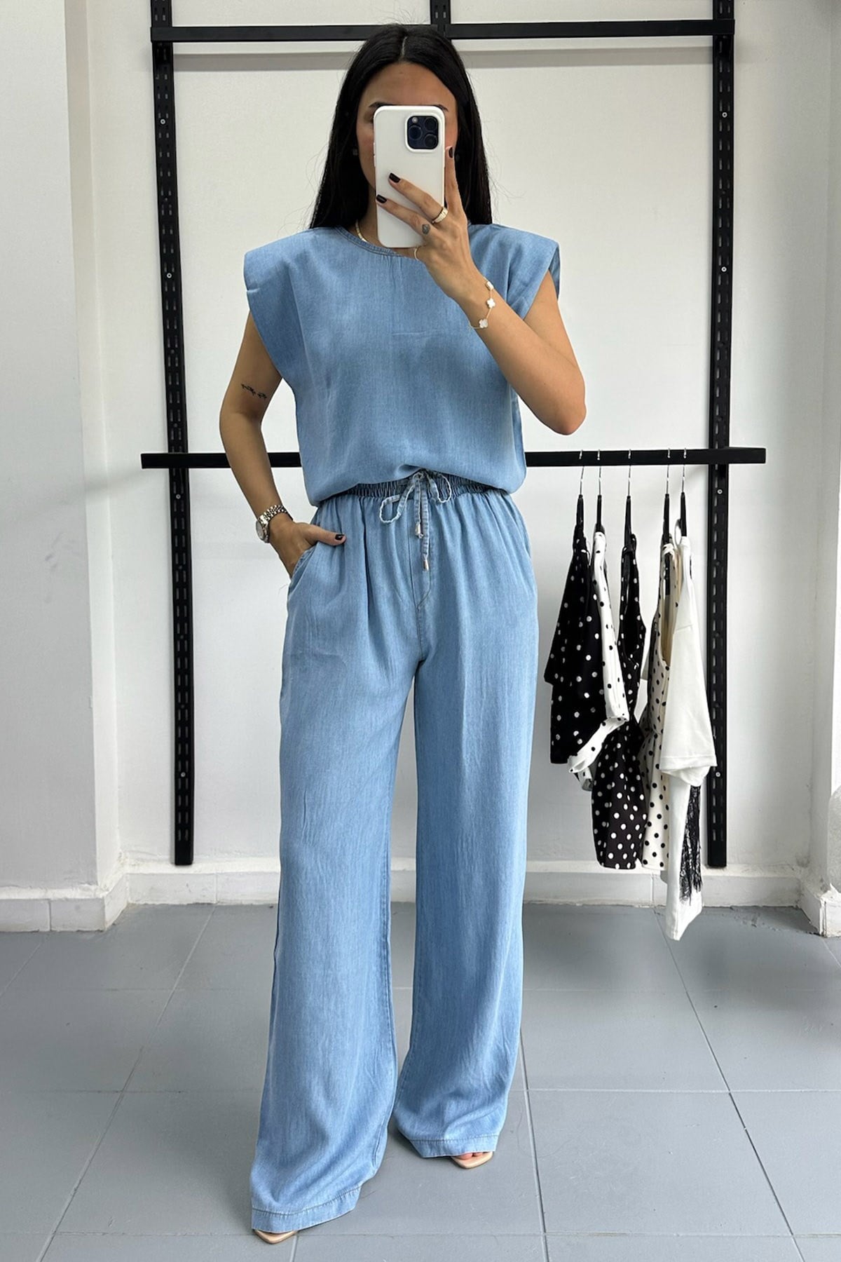 Bisiklet Yaka Vatkalı Denim Takım