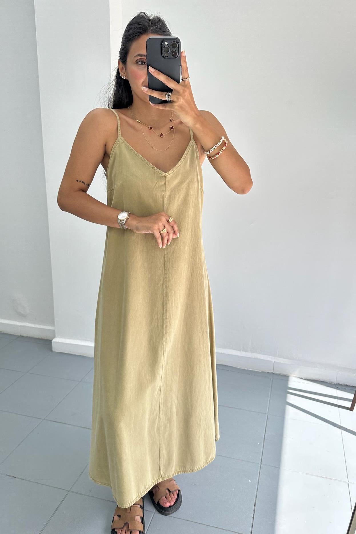 İnce Askılı Parçaboya Denim Çağla Elbise