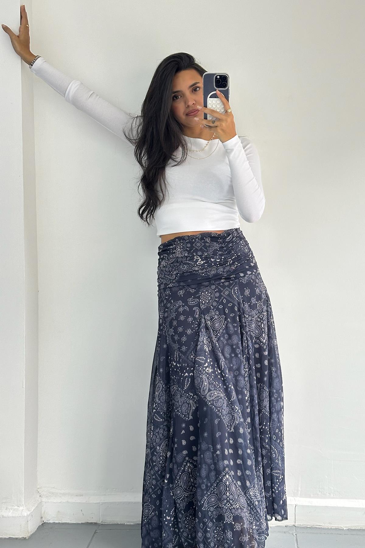 Şal Desen Lacivert Uzun Etek