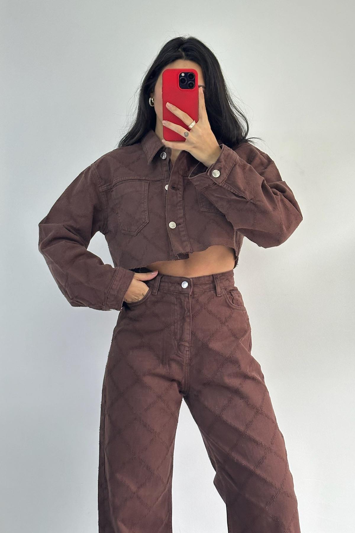 Örgü Detaylı Düğmeli Kahve Crop Ceket