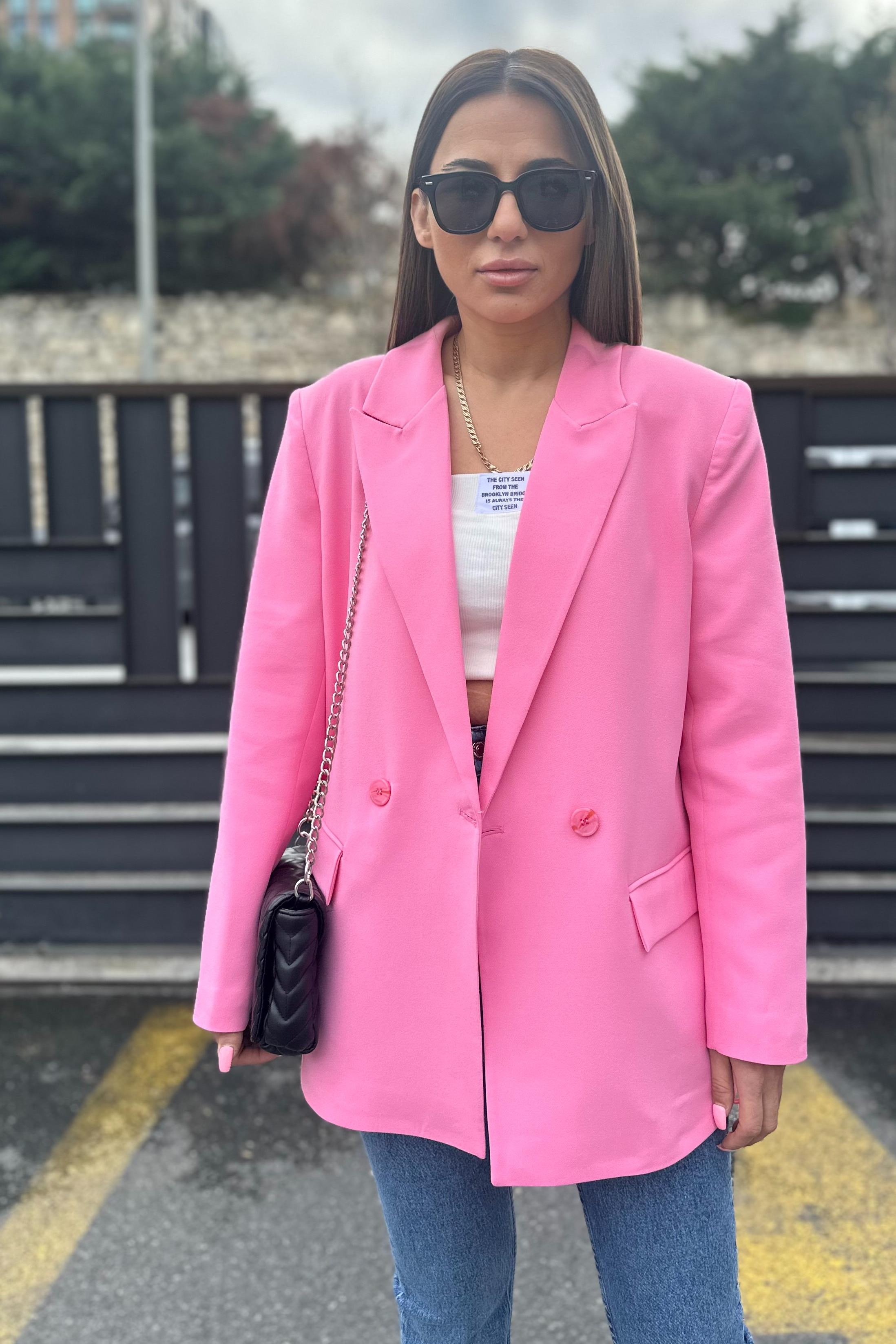 Çift Düğmeli Pembe Blazer CeketDIŞ GİYİM
