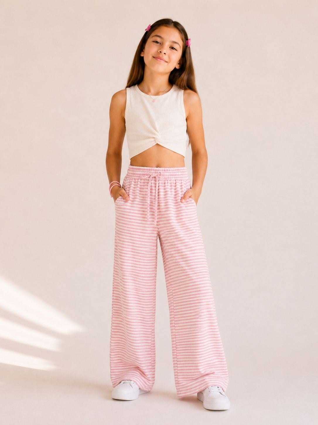 Lastikli Çizgili Pembe Pantolon