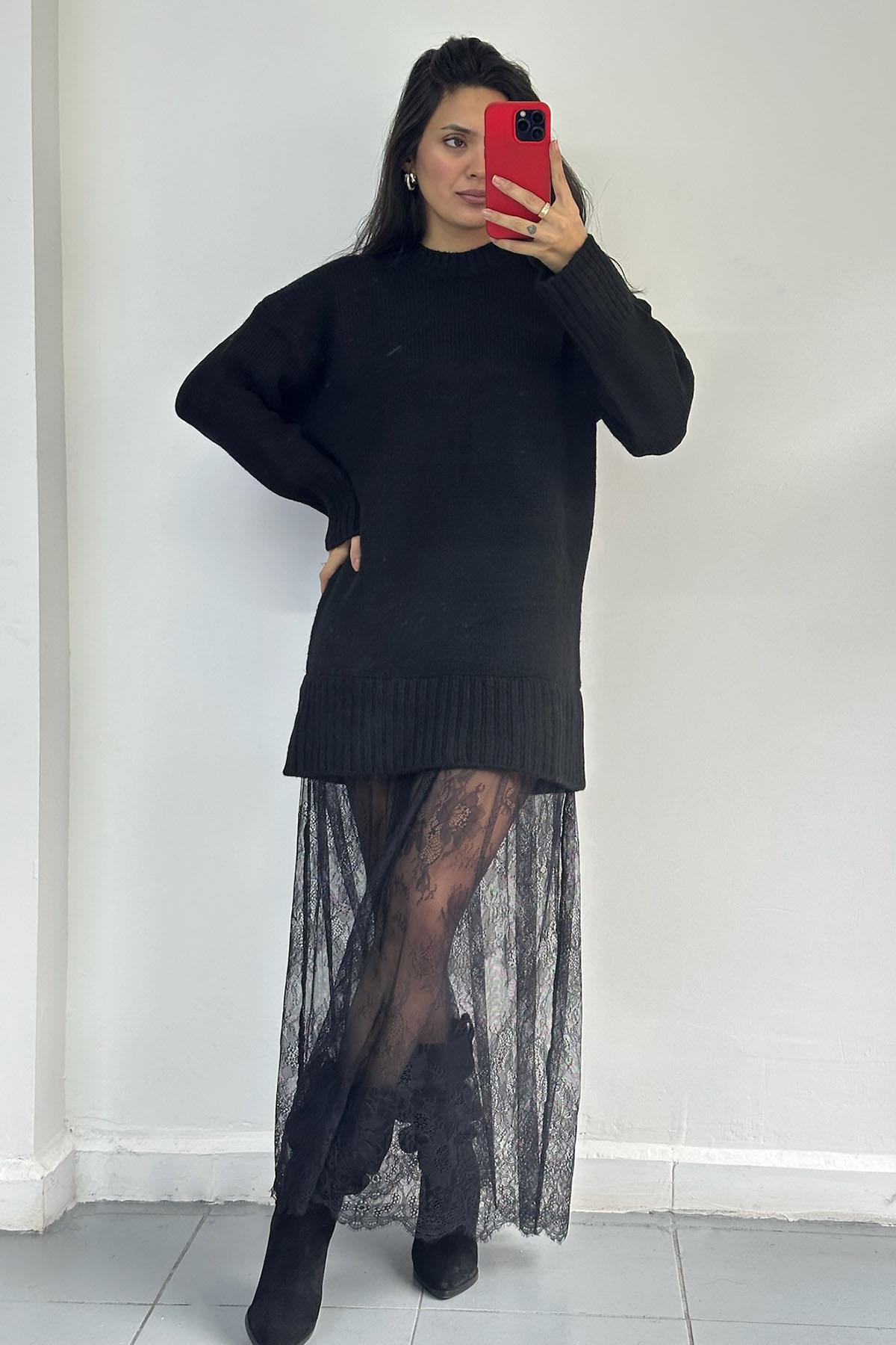 Etek Ucu Tül Triko Siyah Elbise