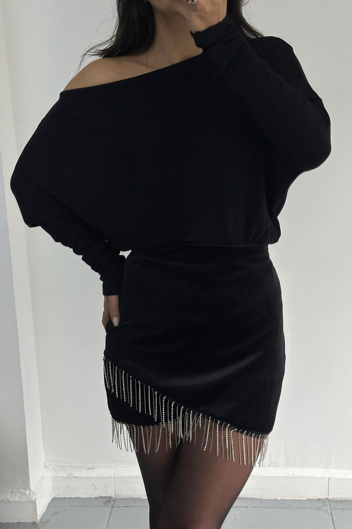 Taşlı Kadife Mini Etek