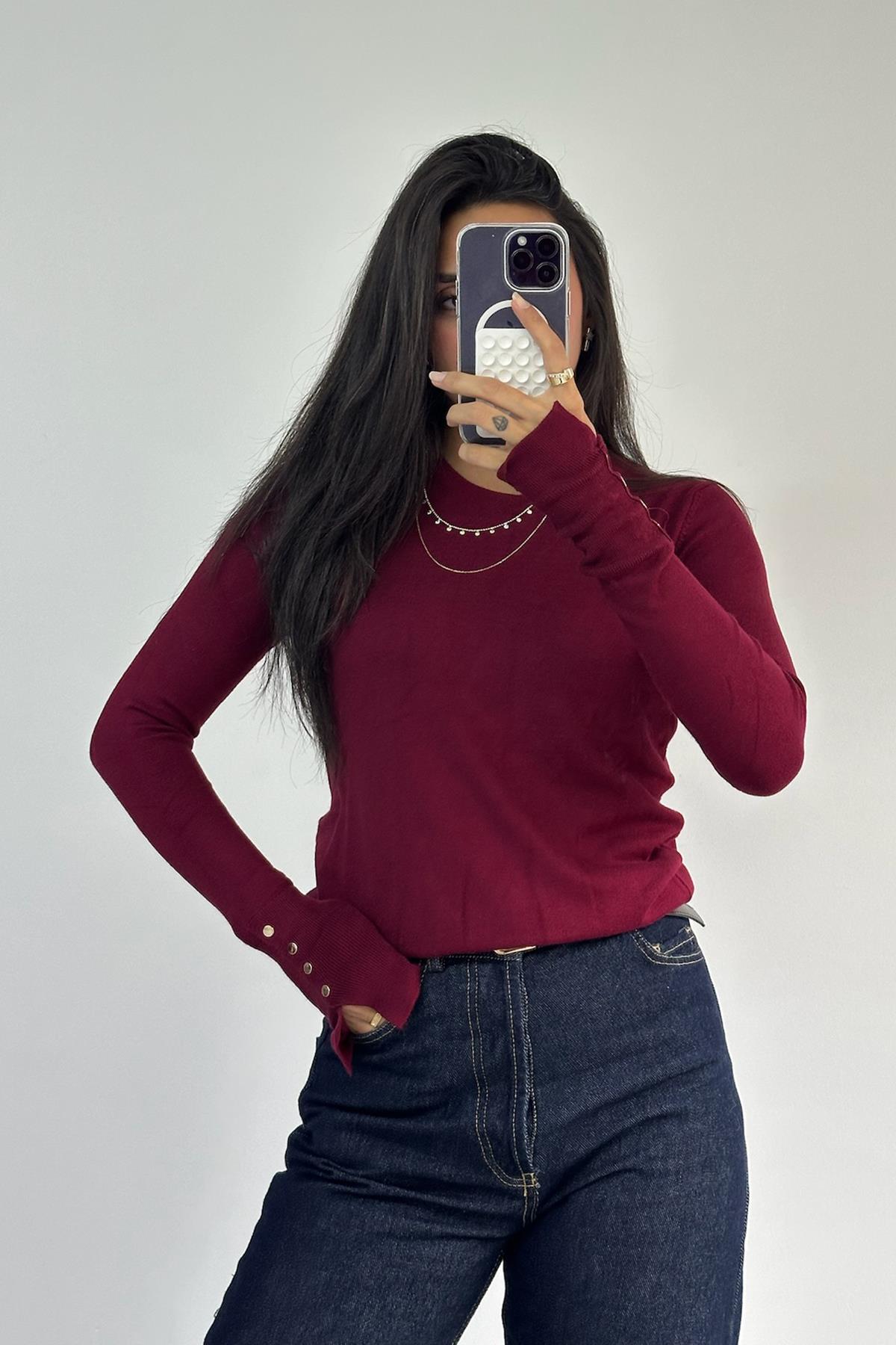 Bisiklet Yaka Kol Ortası Droplu Bordo Kazak 