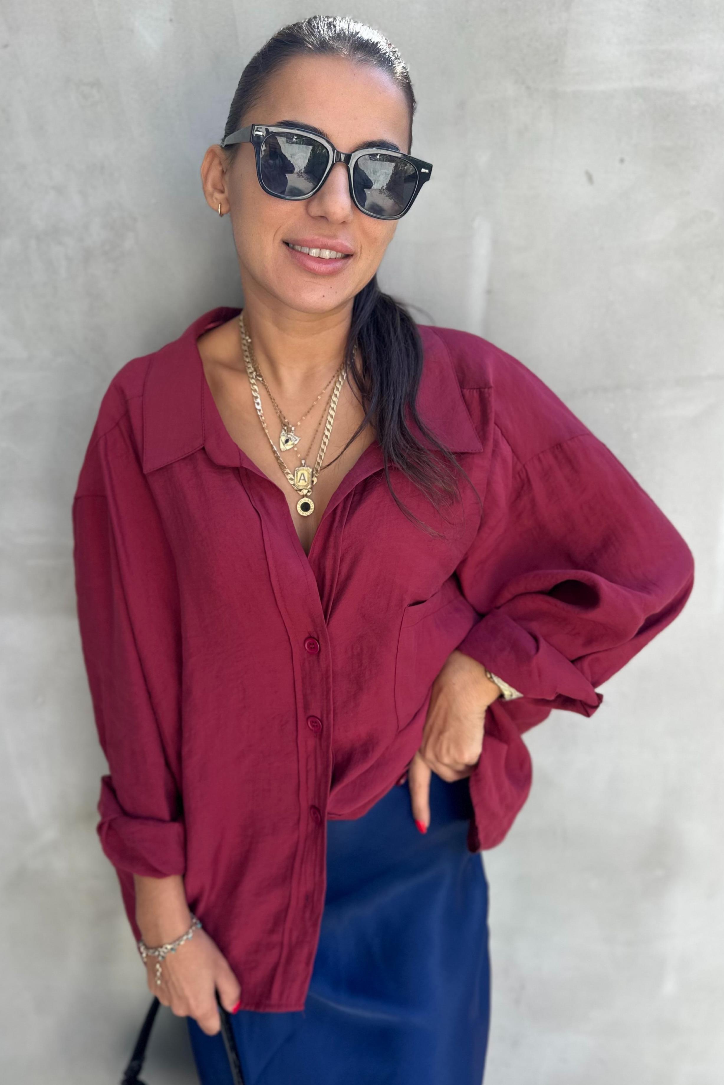 Düşük Omuz Oversize Bordo GömlekGÖMLEK