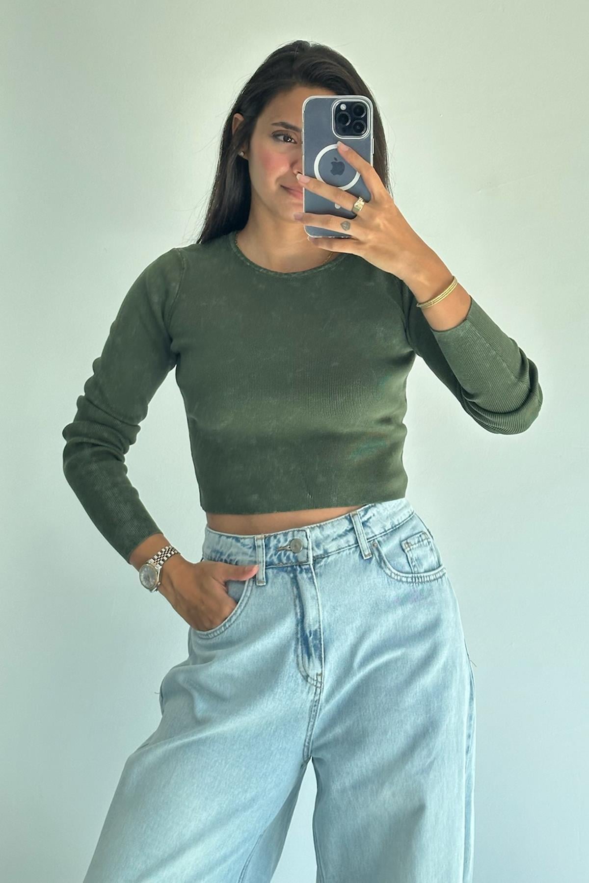 Soluk Efektli Bisiklet Yaka Haki  Crop Kazak