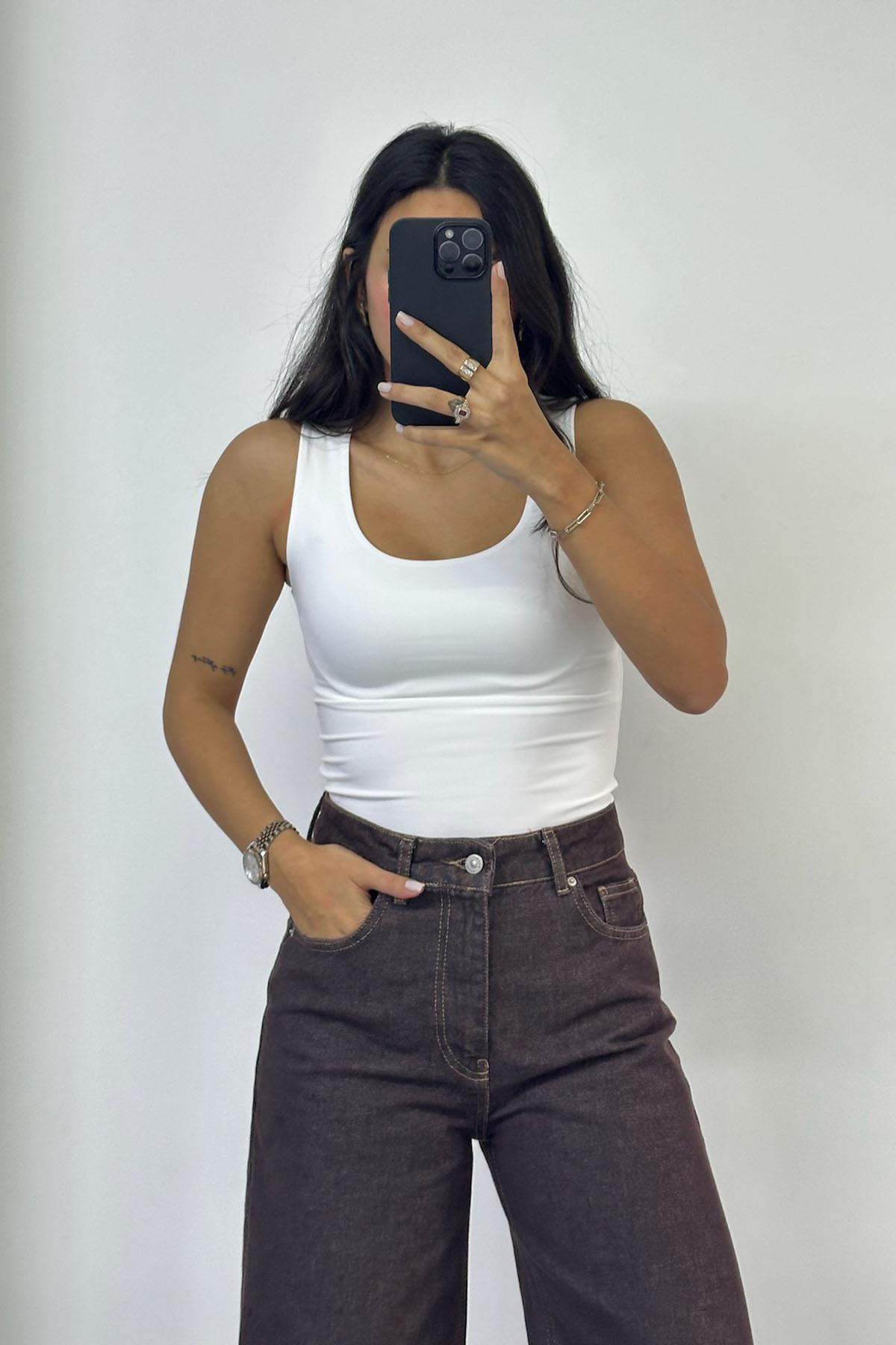 Kare Yaka Örme Ekru Atlet