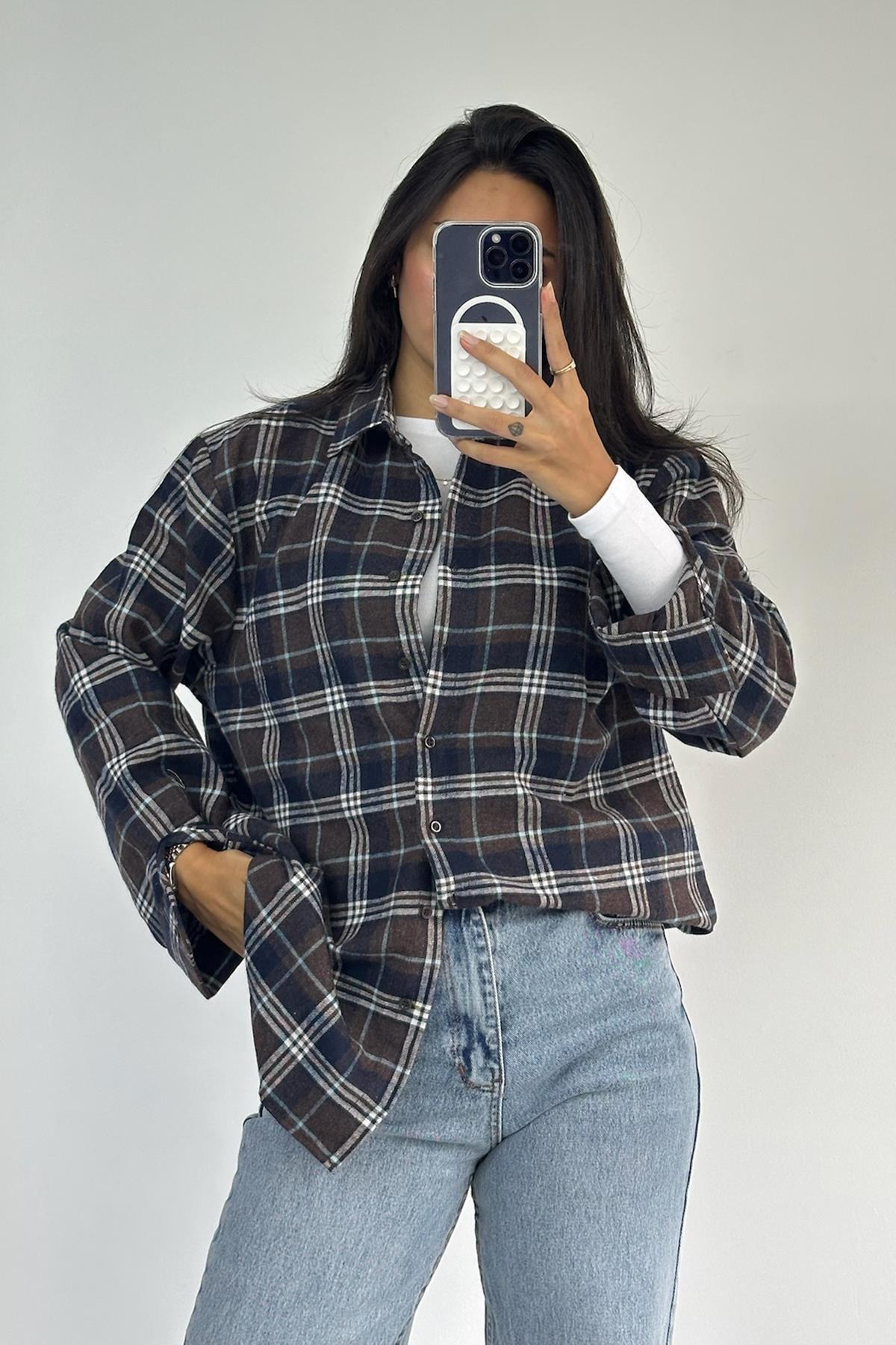 Kahve Mavi Çizgili Gömlek 