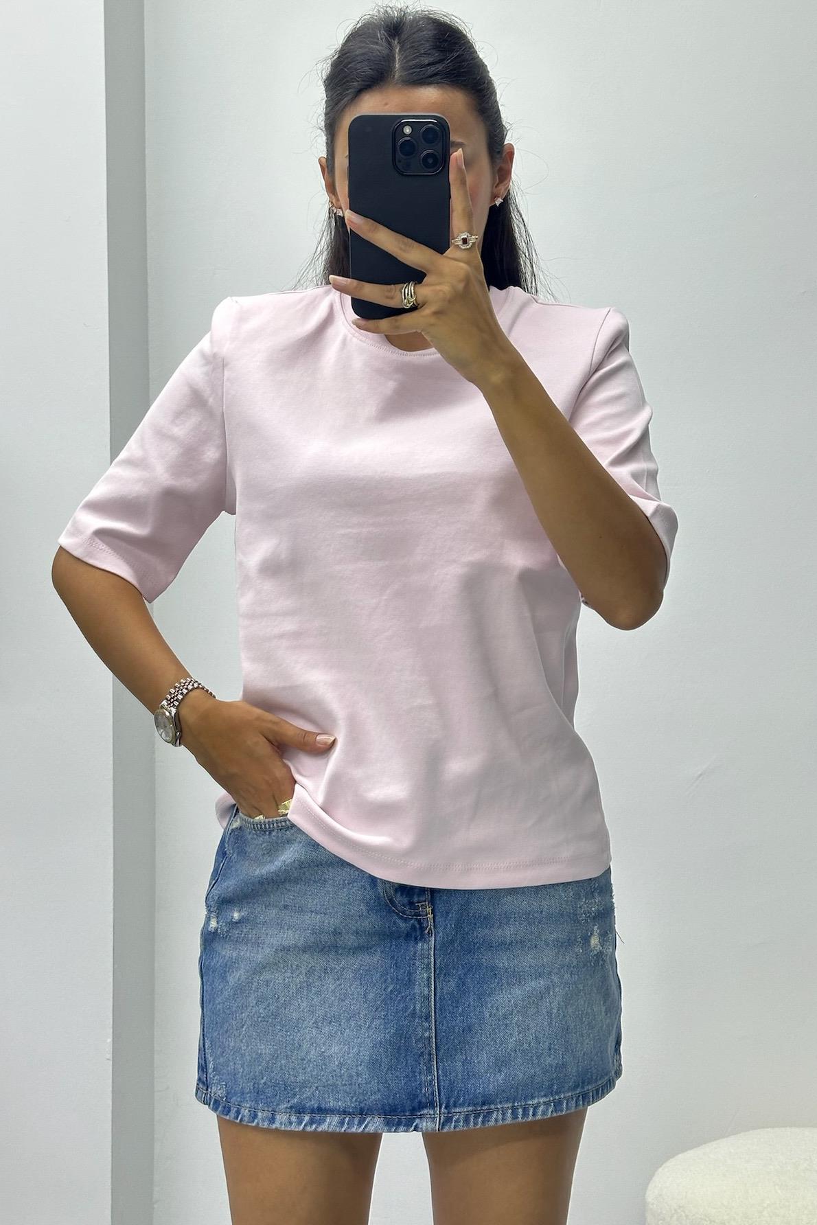 Vatkalı Kısa Kol Açık Pembe Basic Tshirt