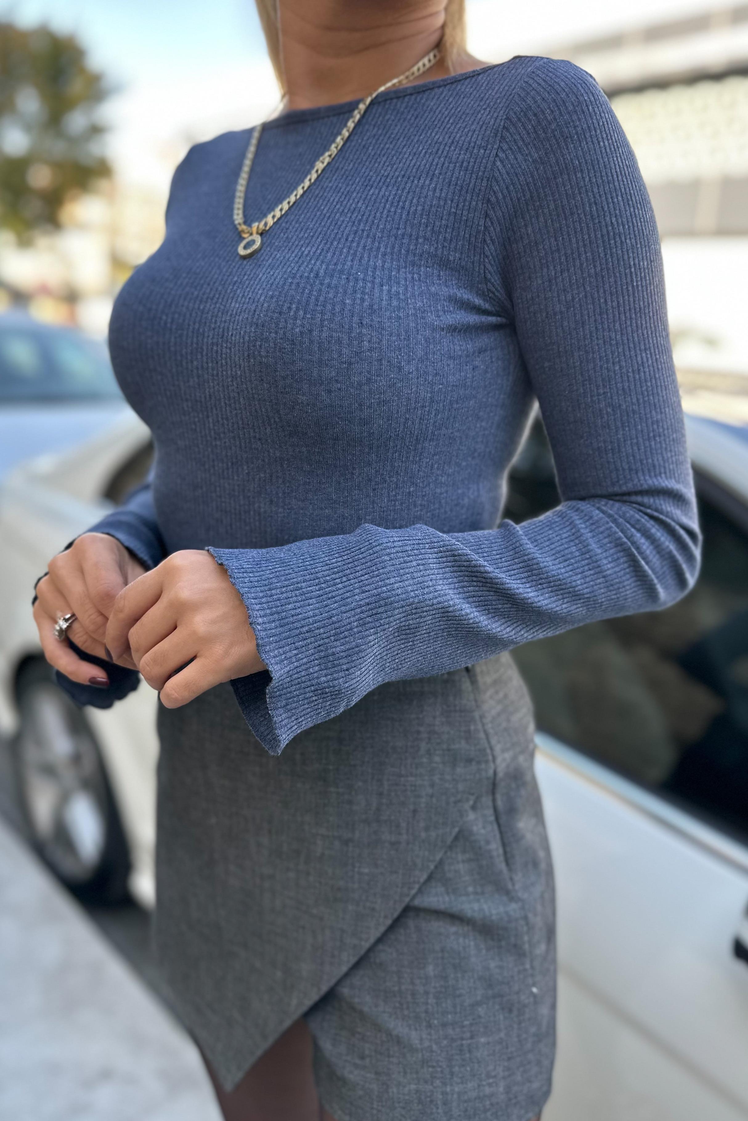 Sırt Dekolteli İspanyol Kol İndigo Mavi BodyBLUZ