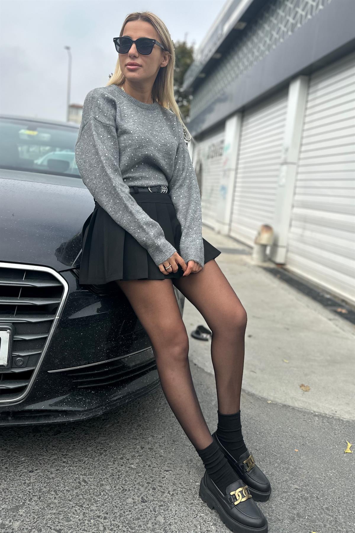 Yapıştırma Taşlı Gri KazakKAZAK