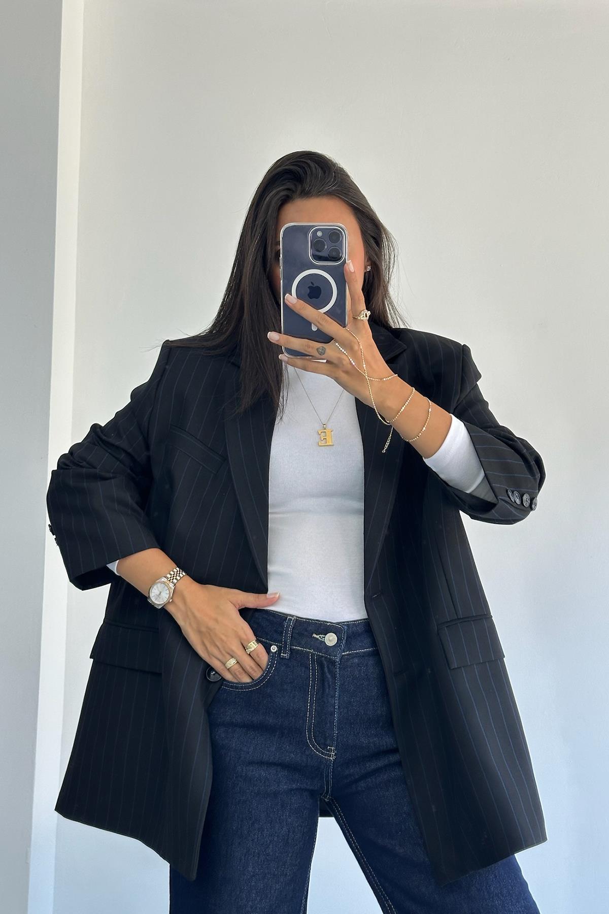 Mavi Çizgili Siyah Oversize Blazer Ceket