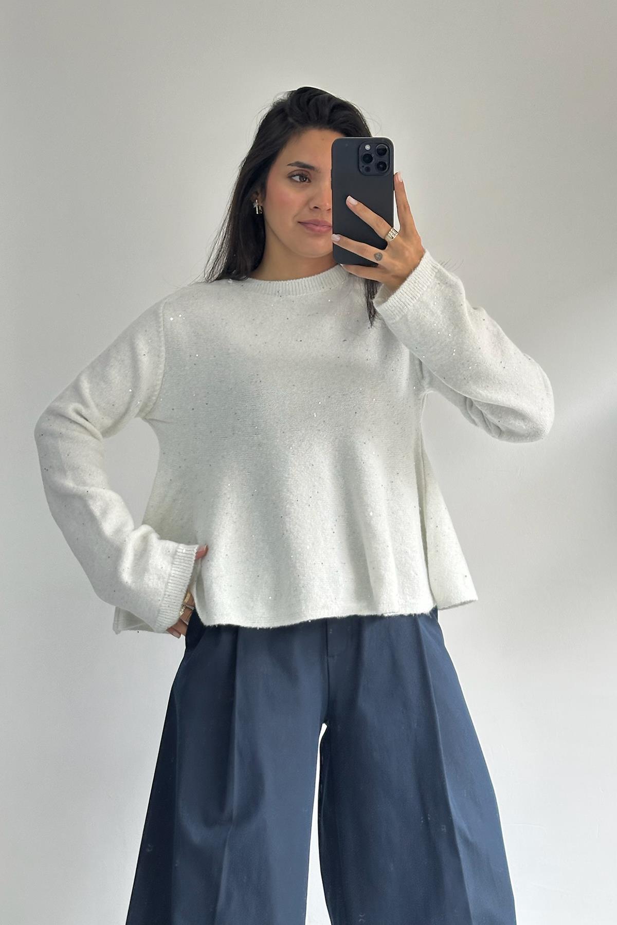  Peplum Pullu Simli Ekru Triko Kazak