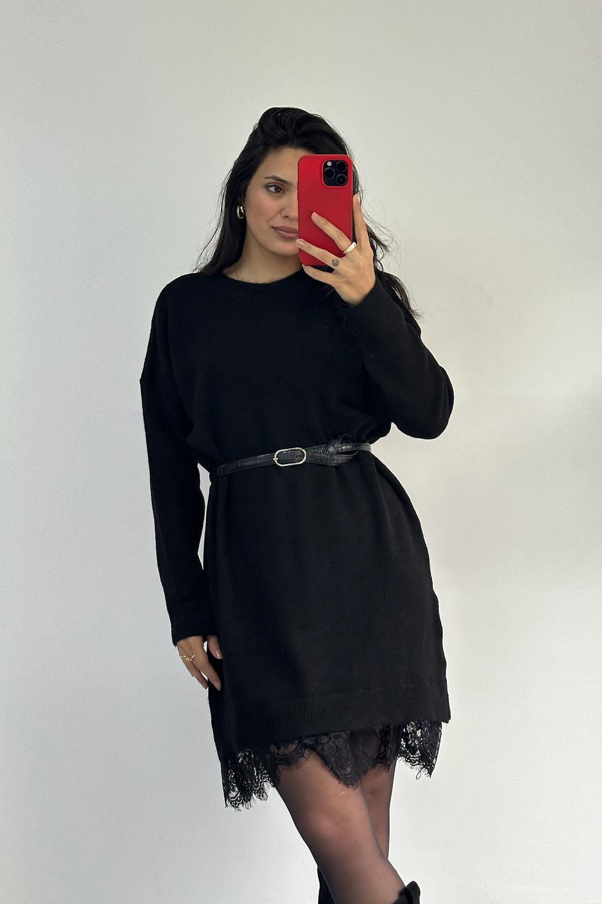 Etek Ucu Dantelli Siyah Triko Elbise