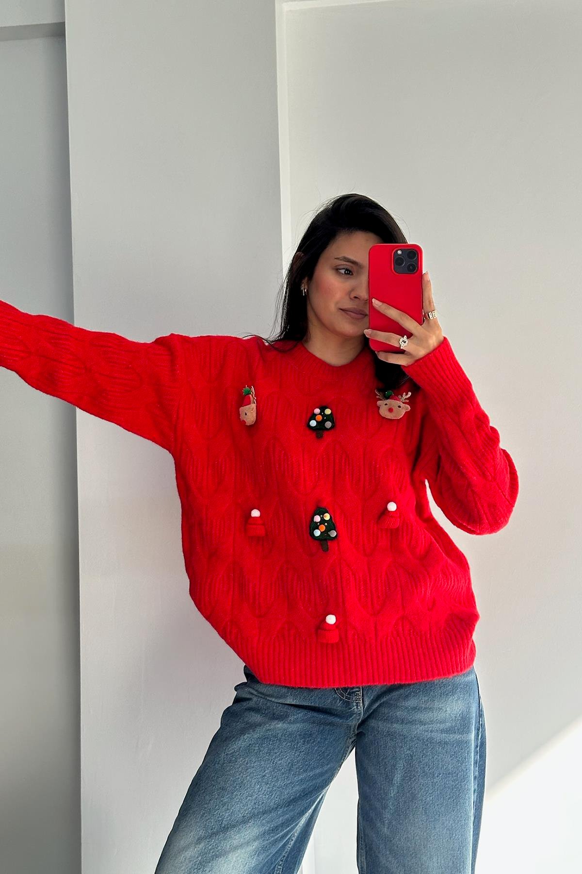 Yılbaşı Temalı Kırmızı Kazak