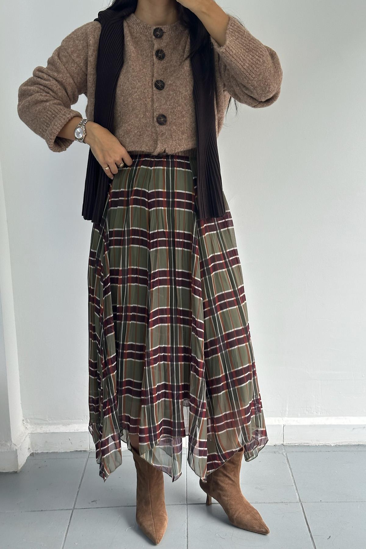 Parçalı Yeşil-Kahve Ekose Etek