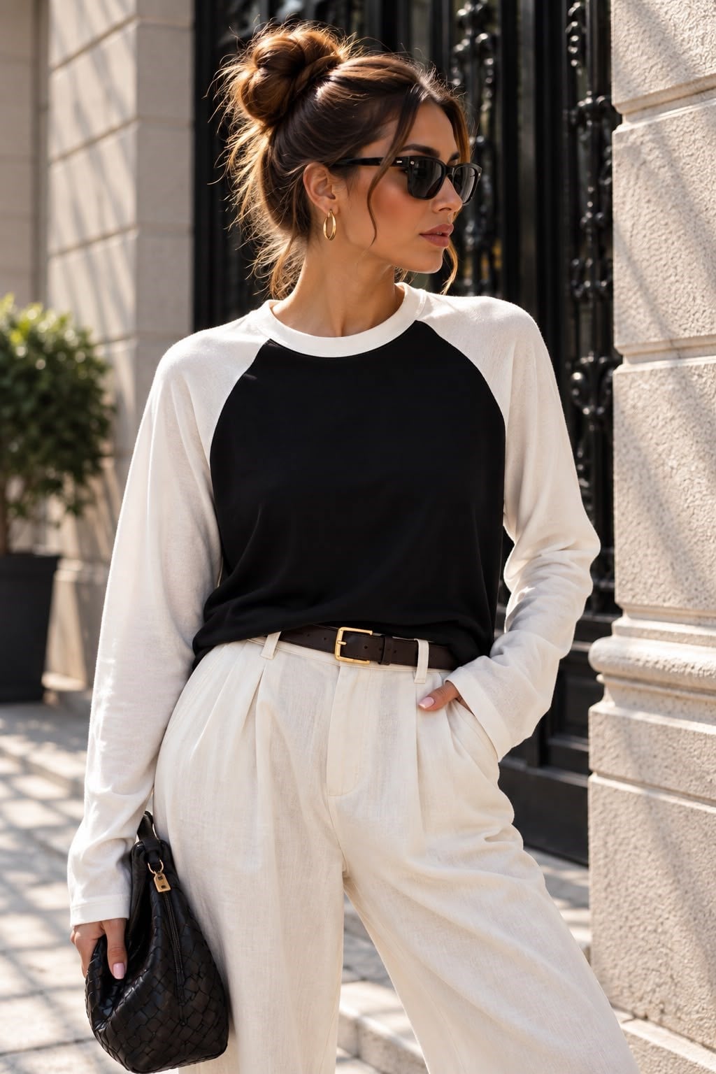 Siyah Beyaz Reglan Kol Uzun Kollu Basic Bluz