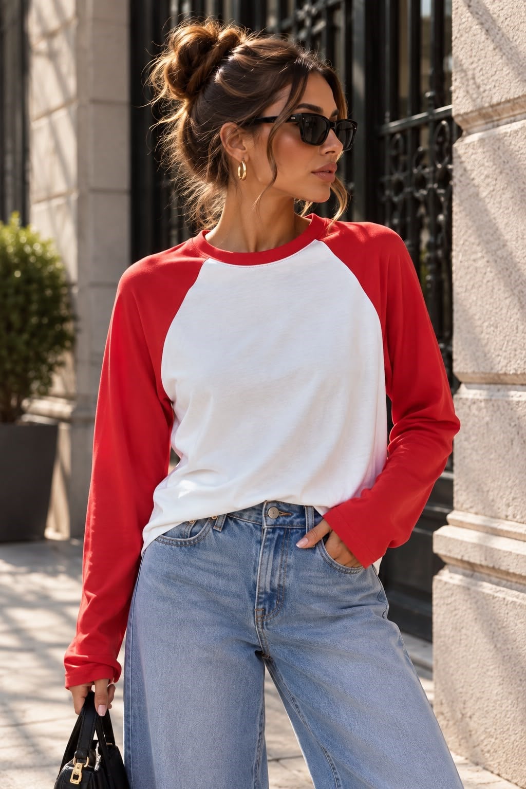 Kırmızı Beyaz Reglan Kol Uzun Kollu Basic Bluz