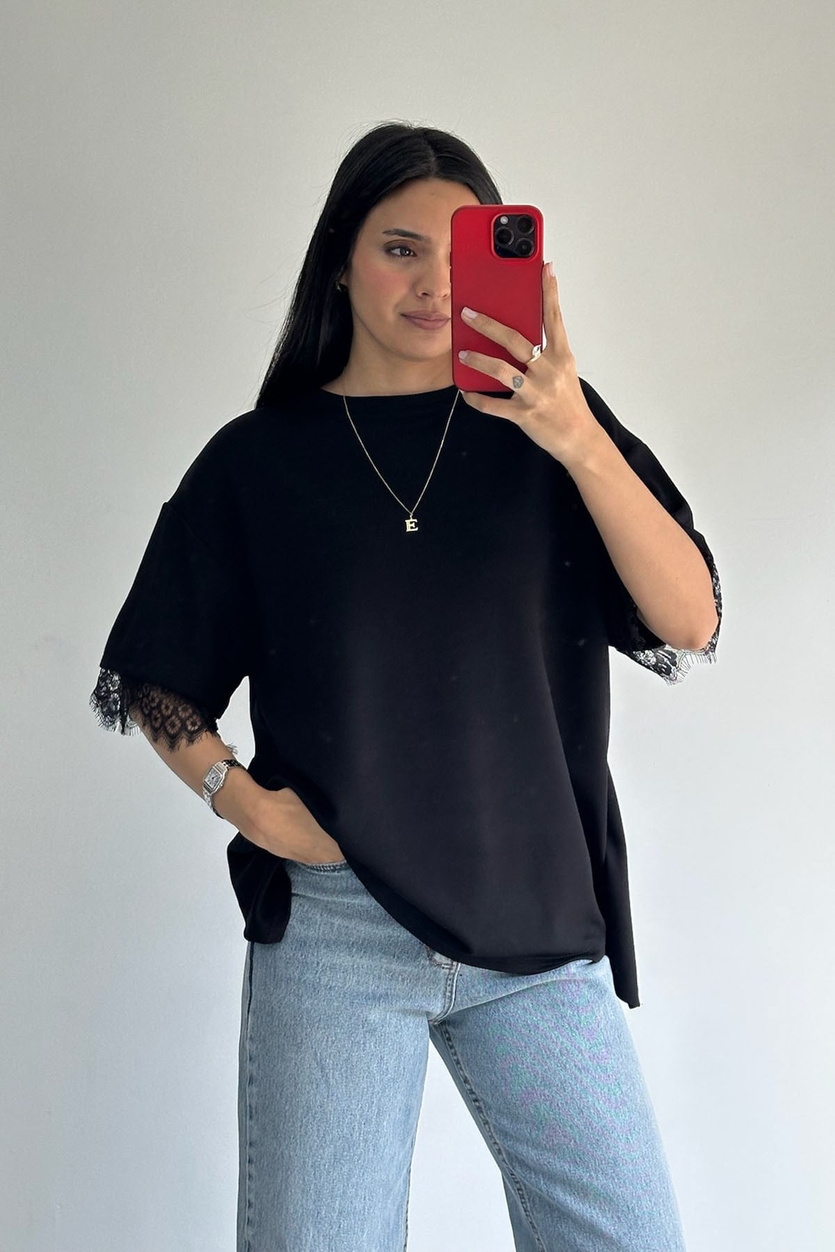 Sırtı Dantelli Siyah Tshirt