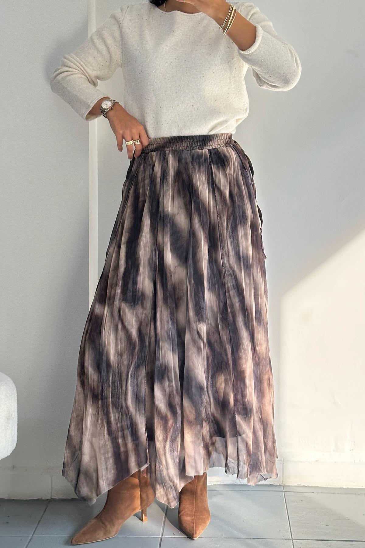 Asimetrik Kesim Desenli Kahverengi Etek