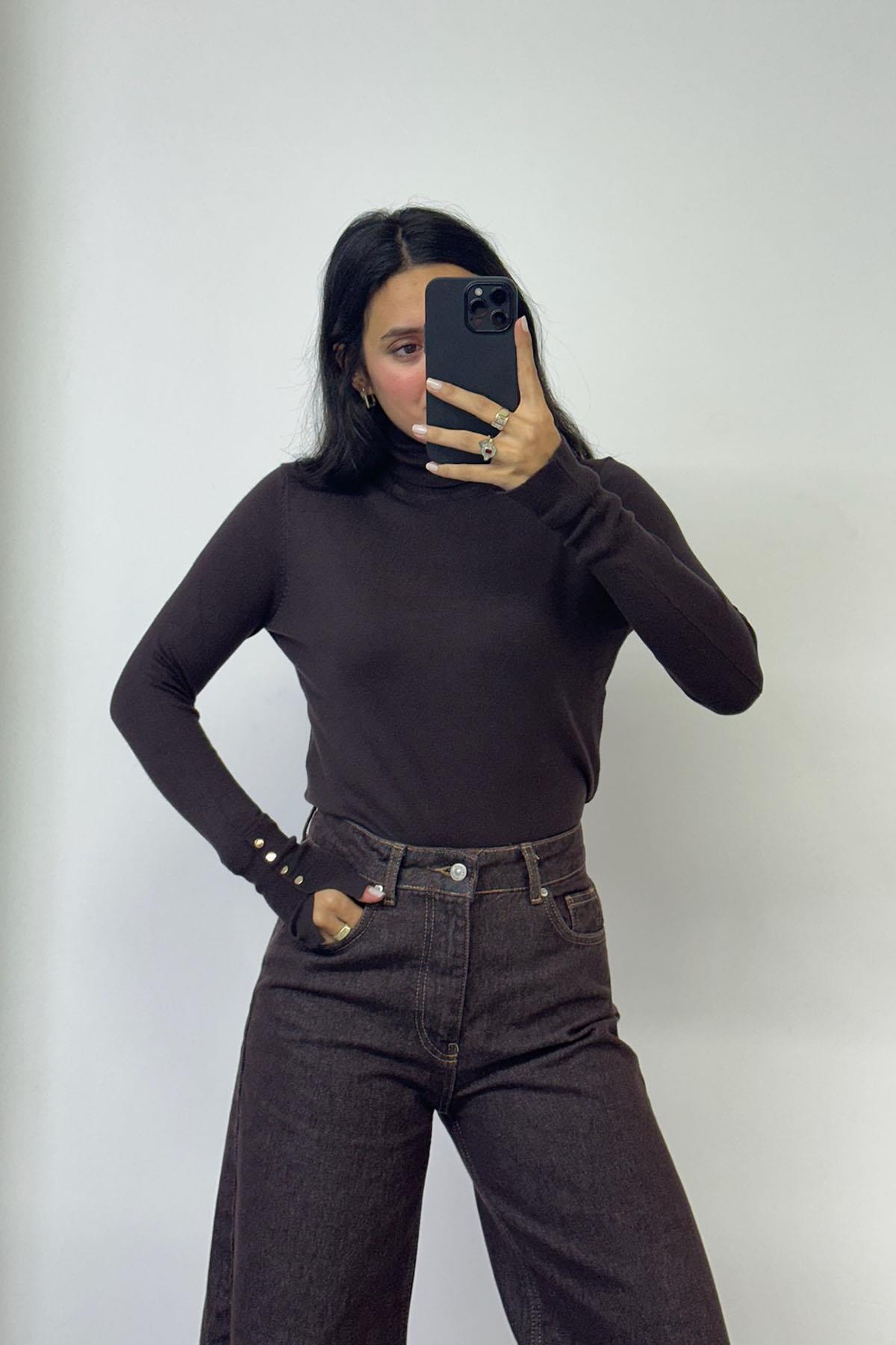 Balıkçı Yaka Koyu Kahve Kolu Droplu Kazak